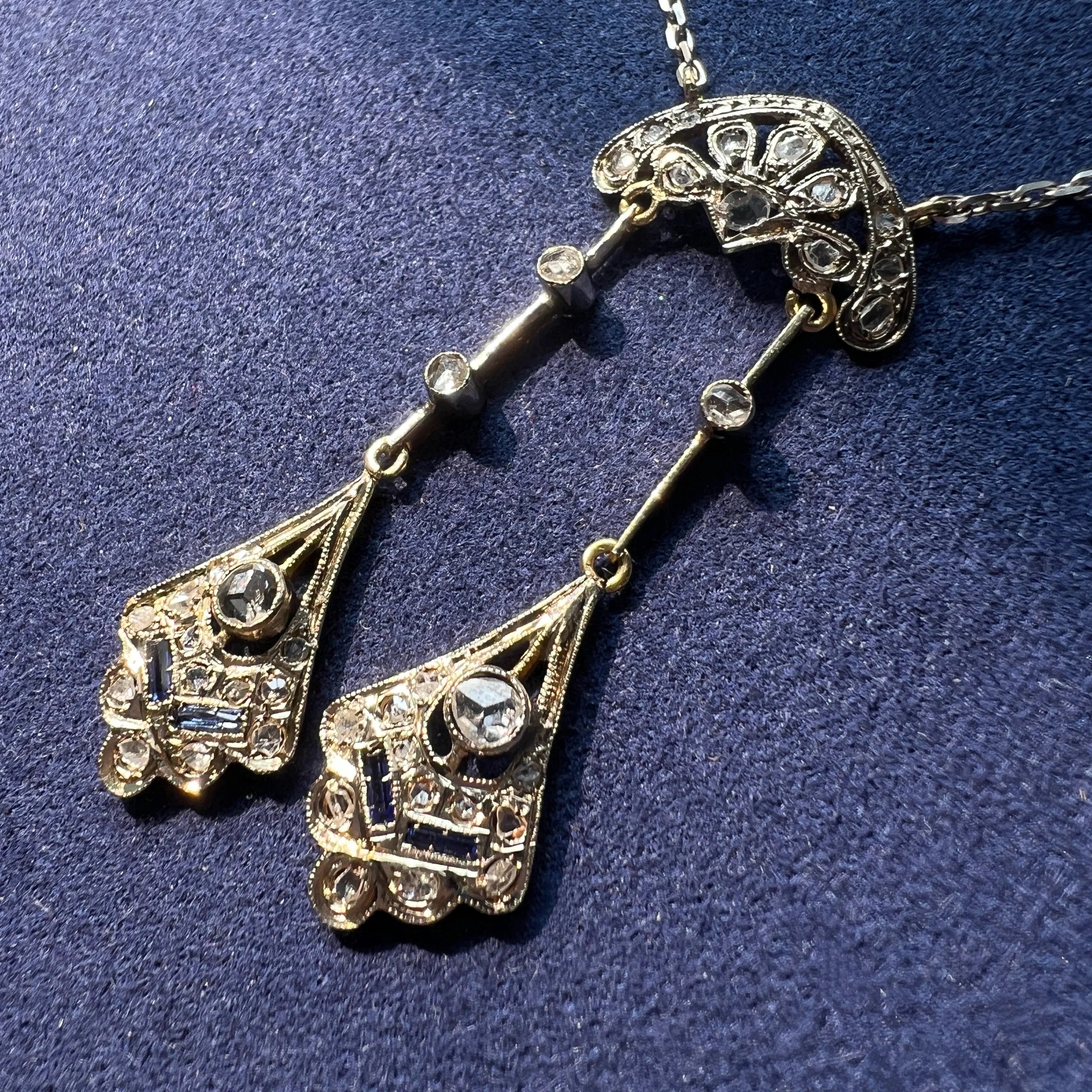French Art Deco 18K White Gold Négligé Necklace with Diamonds & Blue Sapphires