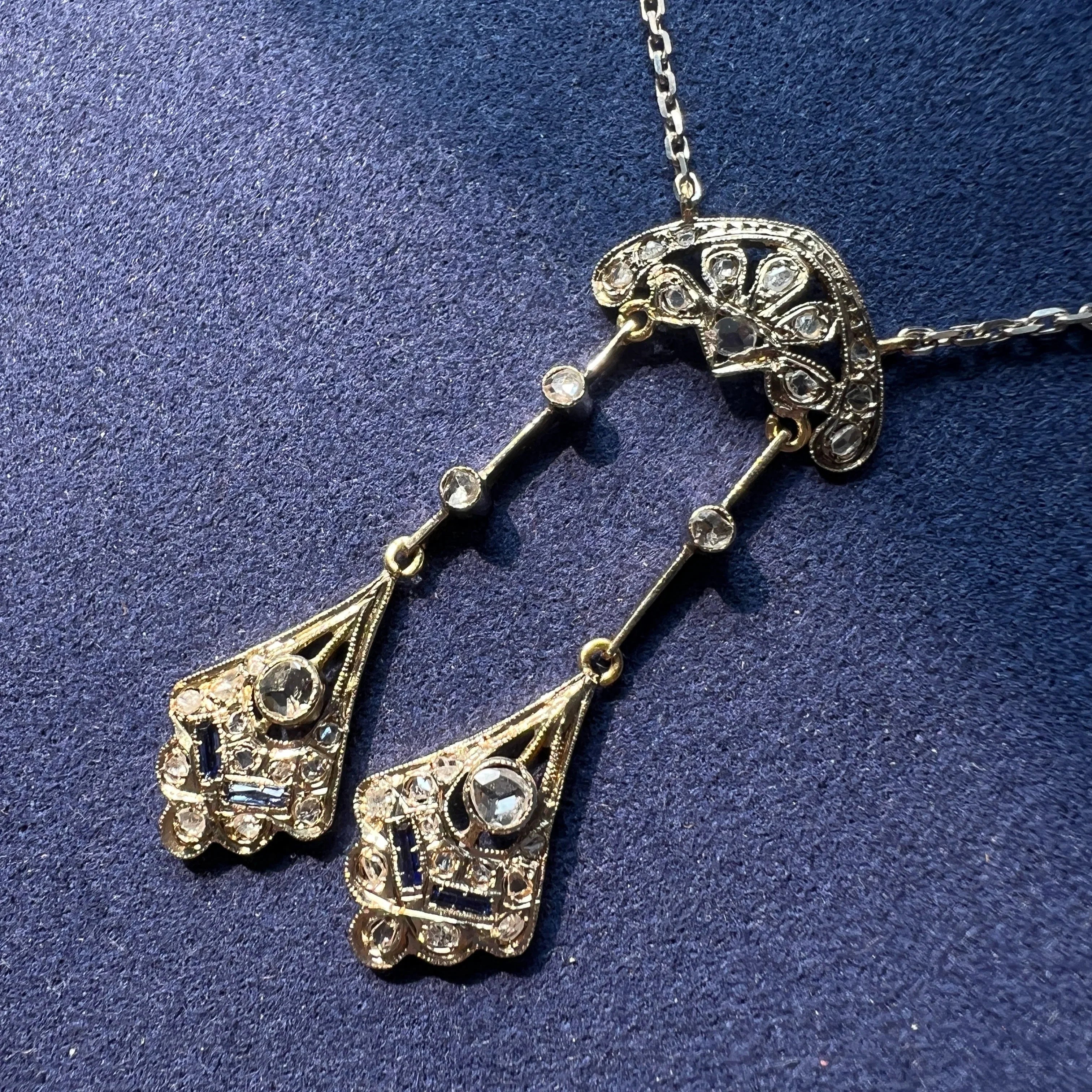 French Art Deco 18K White Gold Négligé Necklace with Diamonds & Blue Sapphires