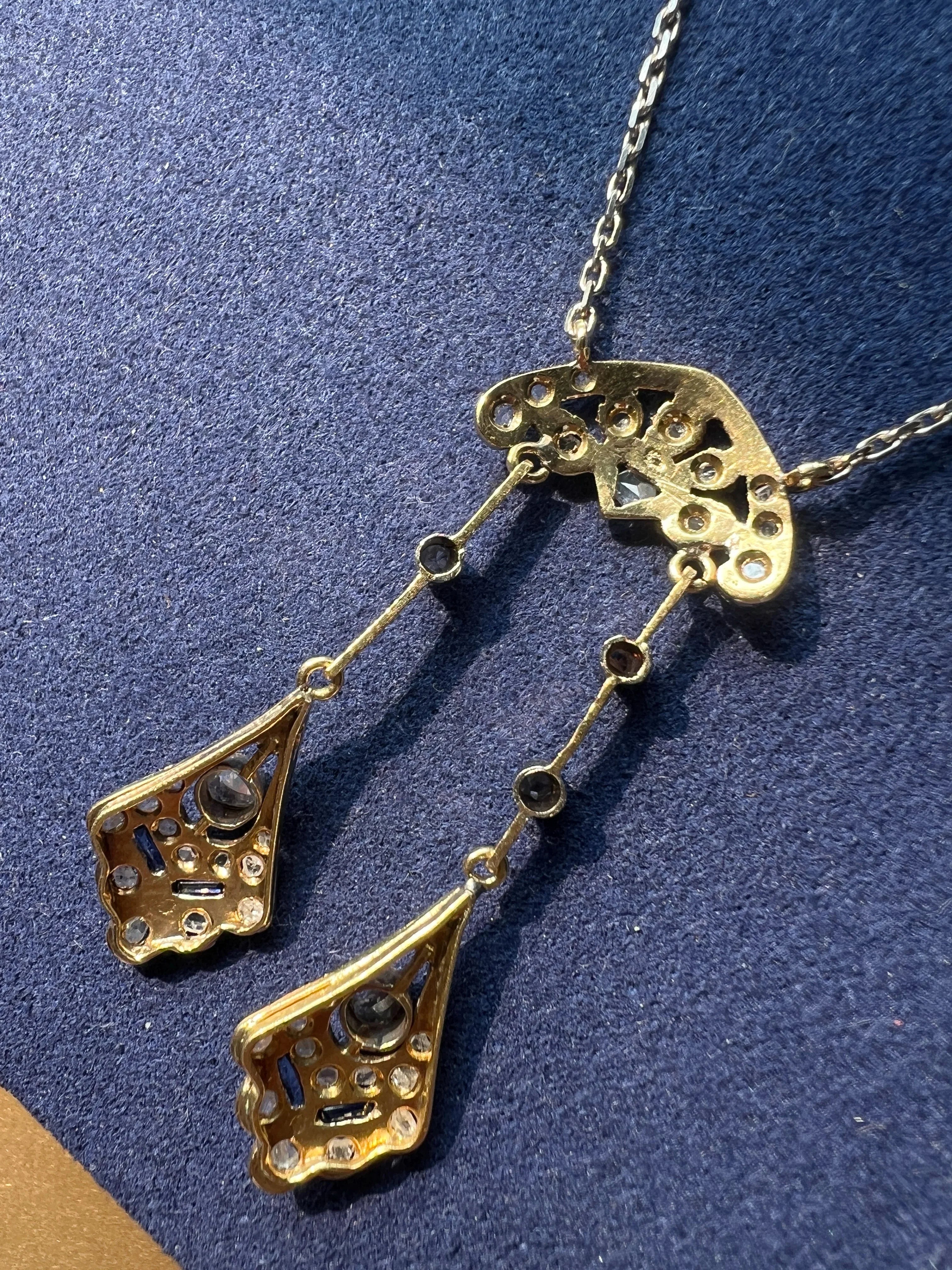 French Art Deco 18K White Gold Négligé Necklace with Diamonds & Blue Sapphires