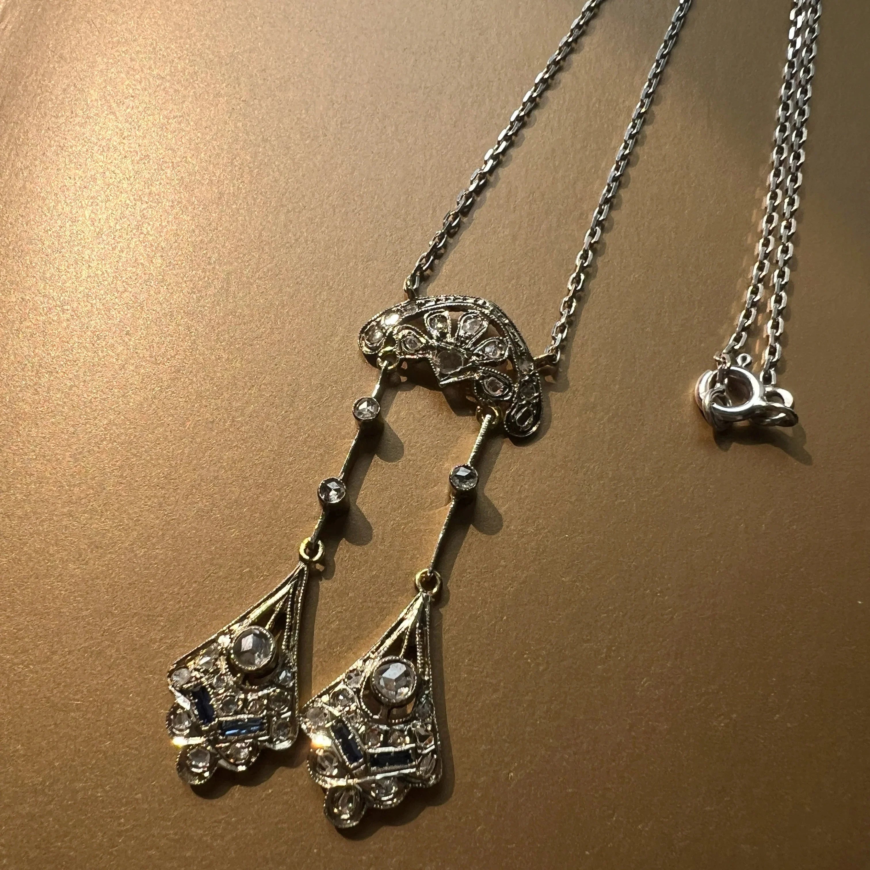 French Art Deco 18K White Gold Négligé Necklace with Diamonds & Blue Sapphires