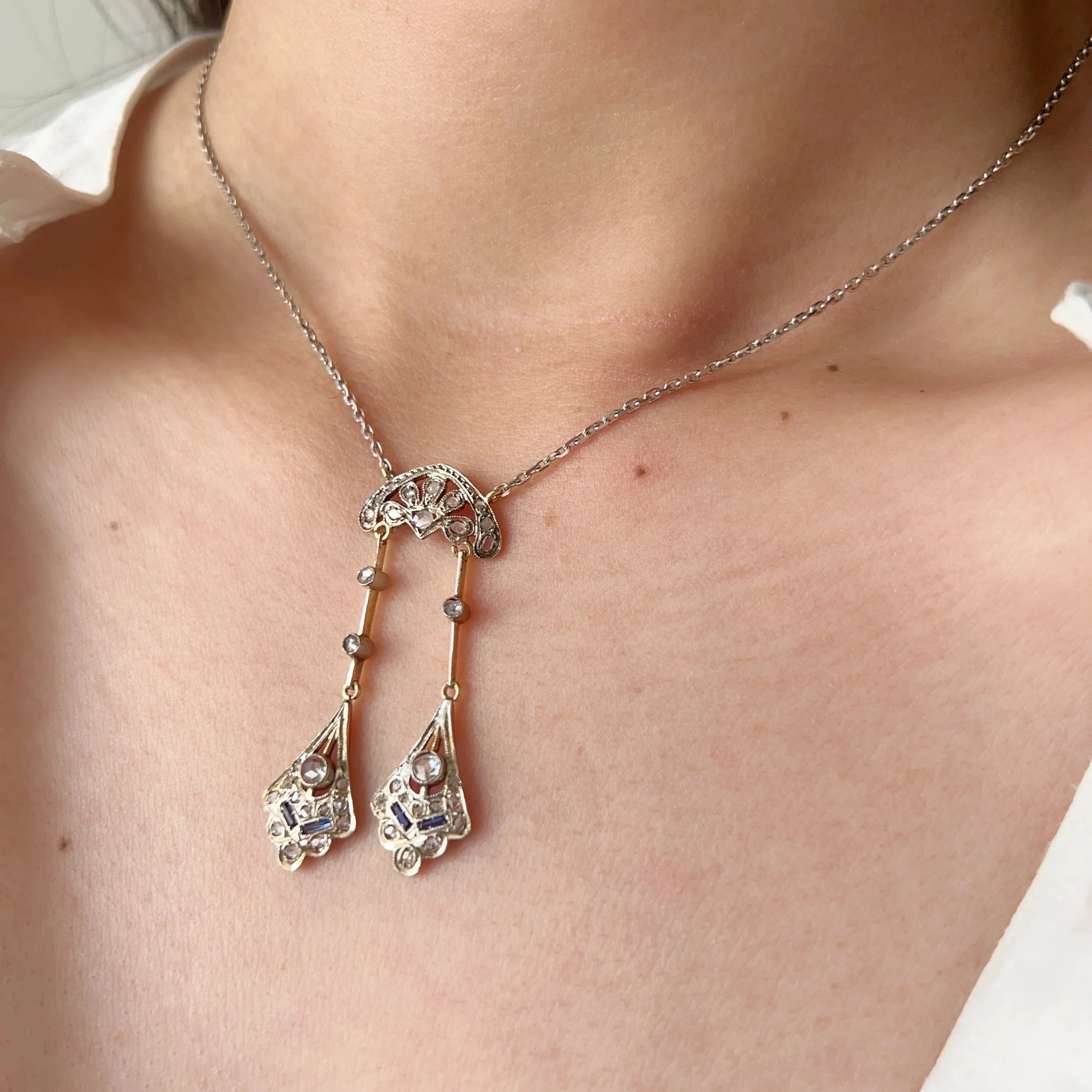 French Art Deco 18K White Gold Négligé Necklace with Diamonds & Blue Sapphires