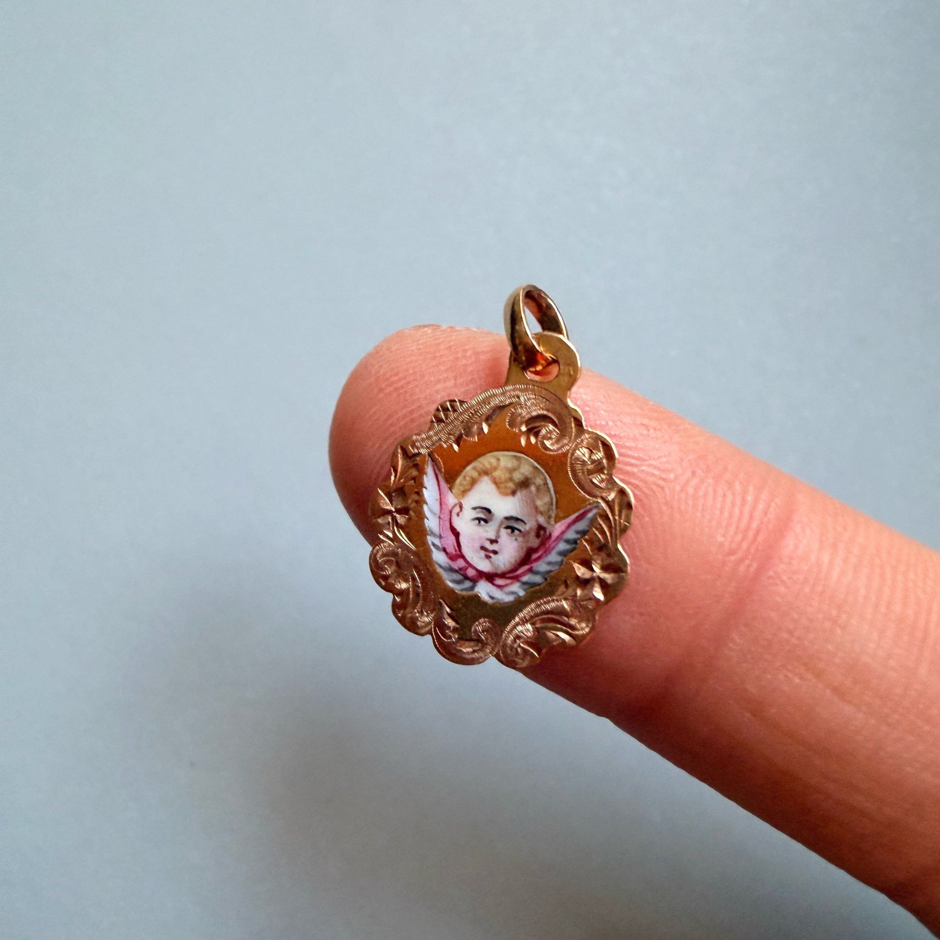 Victorian era 18K gold enameled angel cherub medal pendant