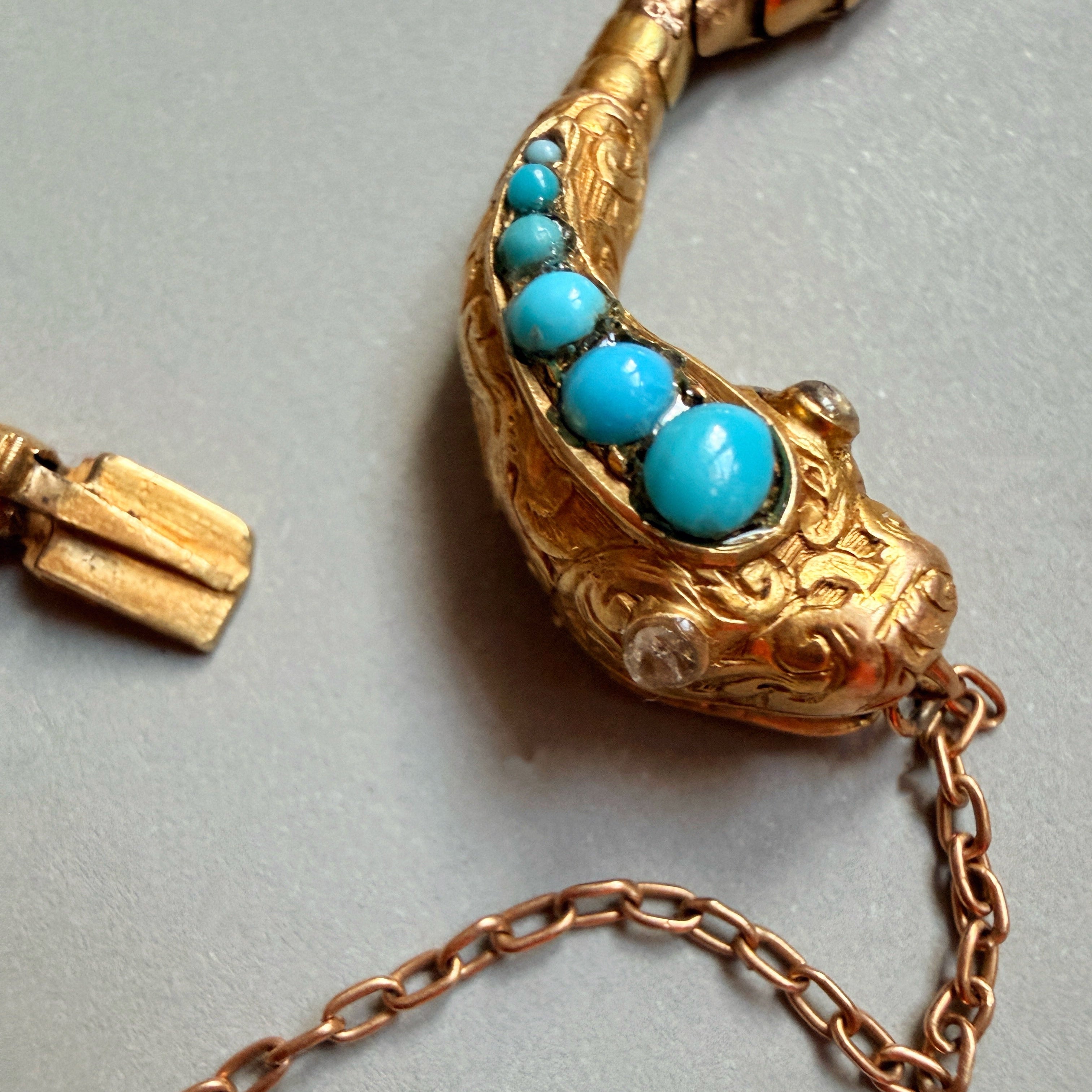 Victorian era 14k yellow gold turquoise diamond snake bracelet
