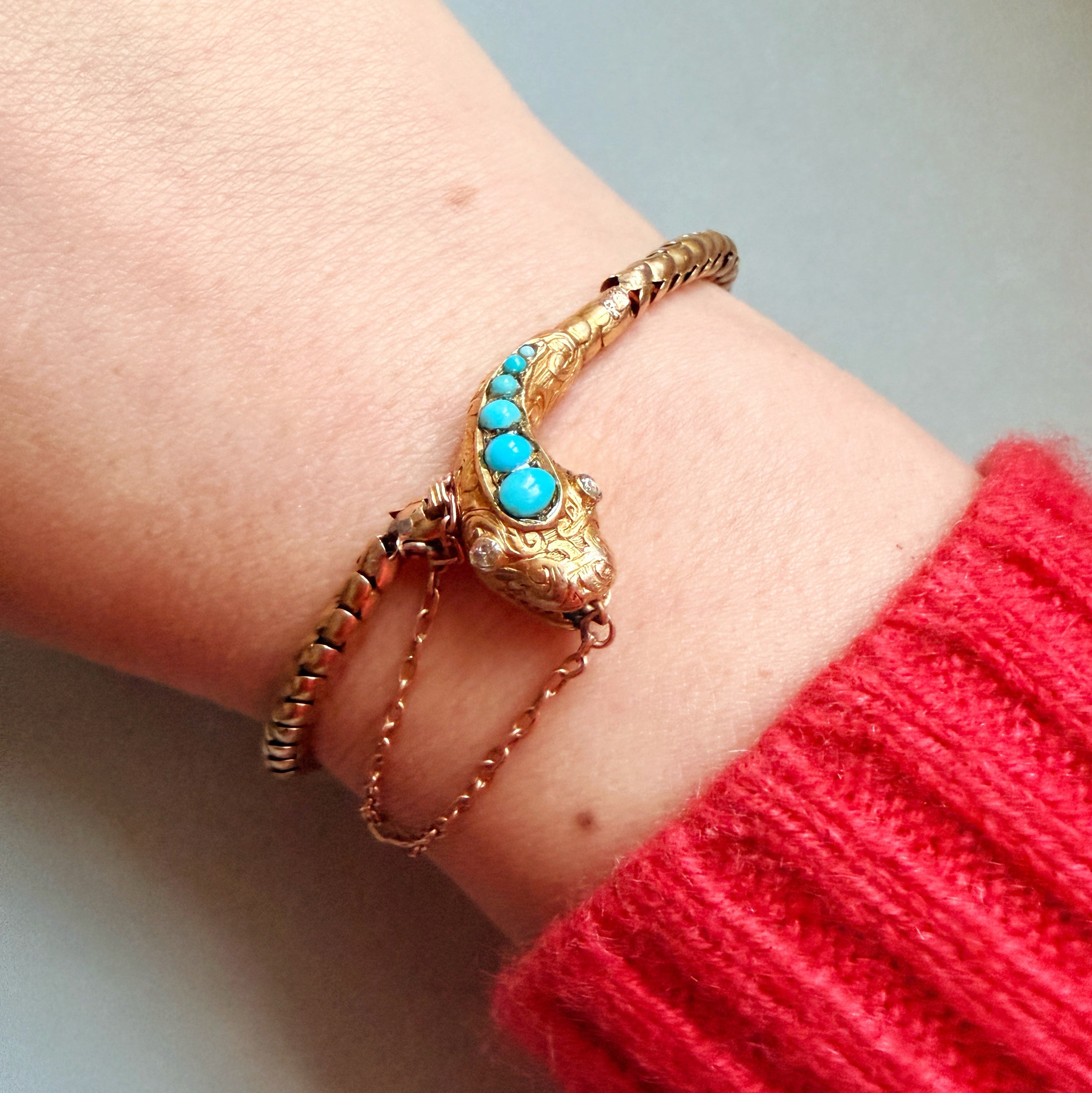 Victorian era 14k yellow gold turquoise diamond snake bracelet