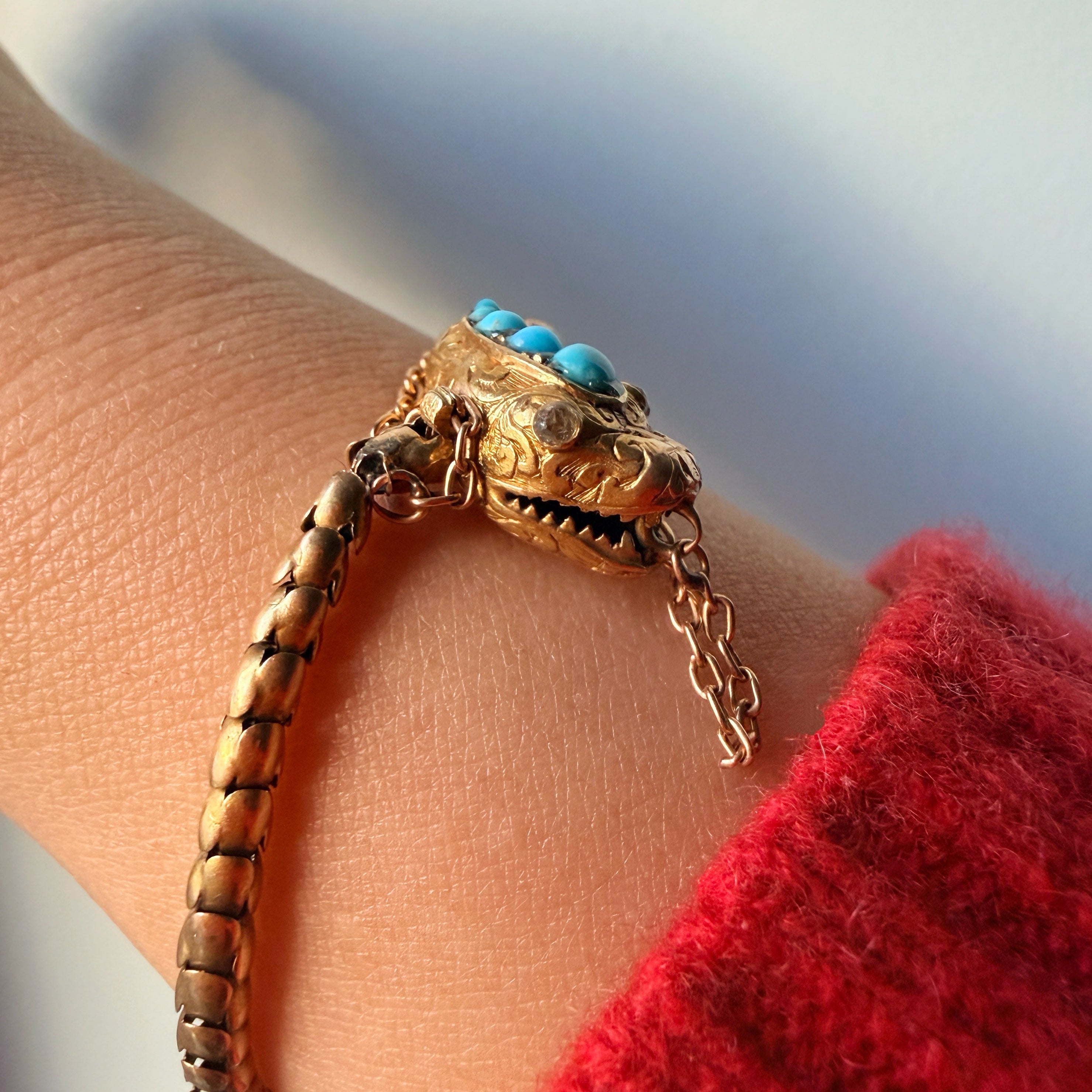 Victorian era 14k yellow gold turquoise diamond snake bracelet