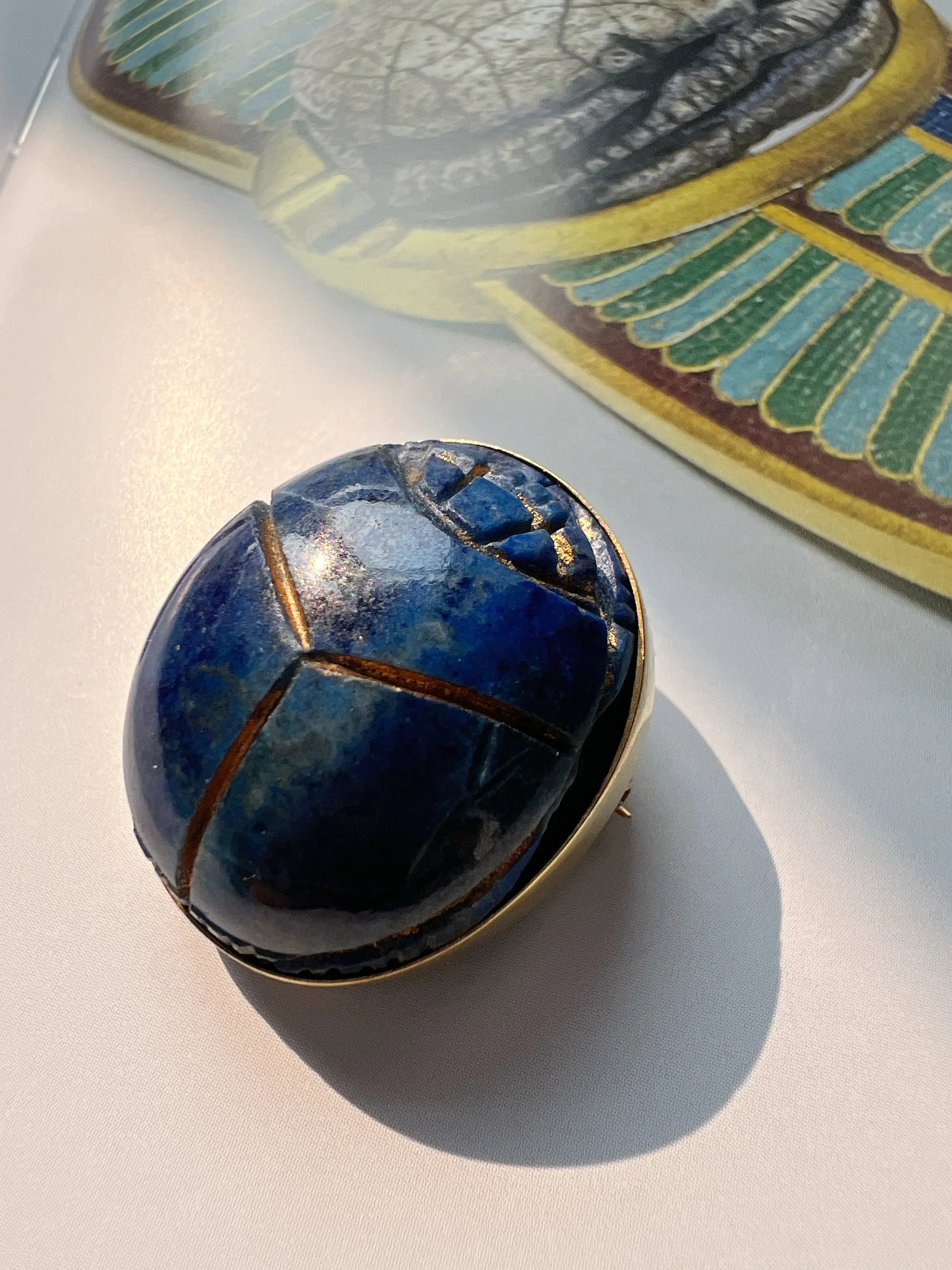 Art Deco 18K Gold Egyptian Revival Lapis Scarab Brooch