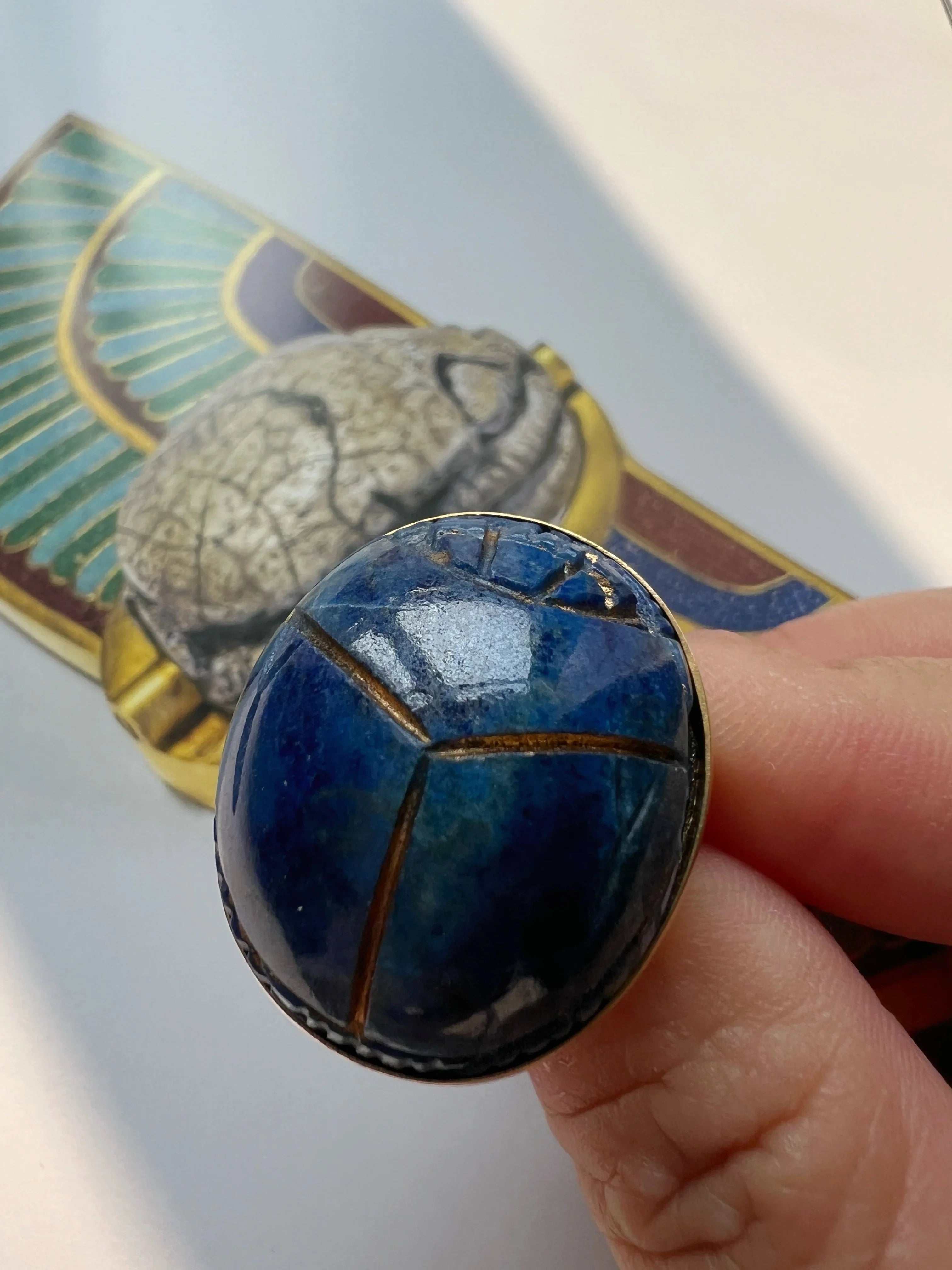 Art Deco 18K Gold Egyptian Revival Lapis Scarab Brooch