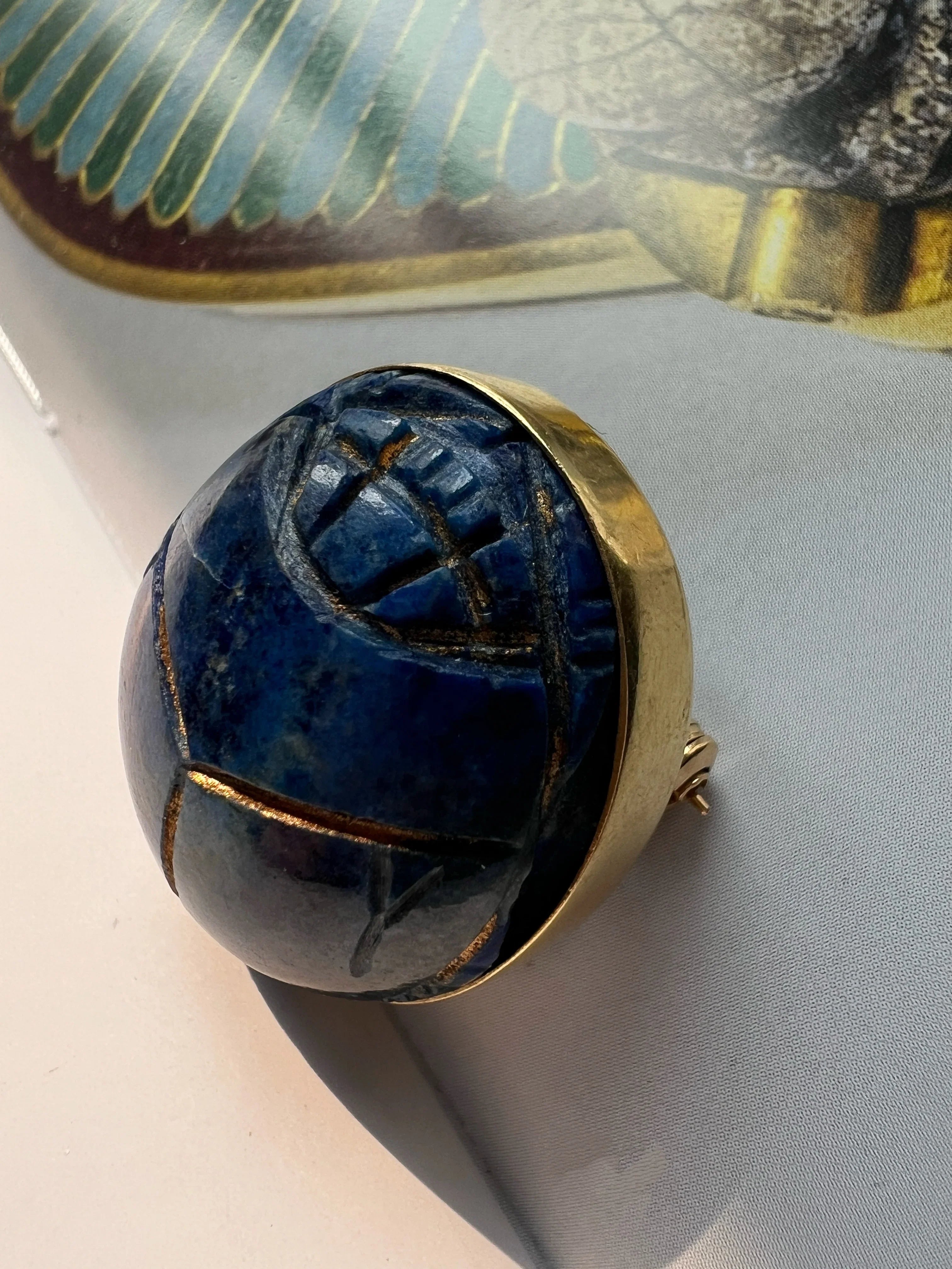 Art Deco 18K Gold Egyptian Revival Lapis Scarab Brooch