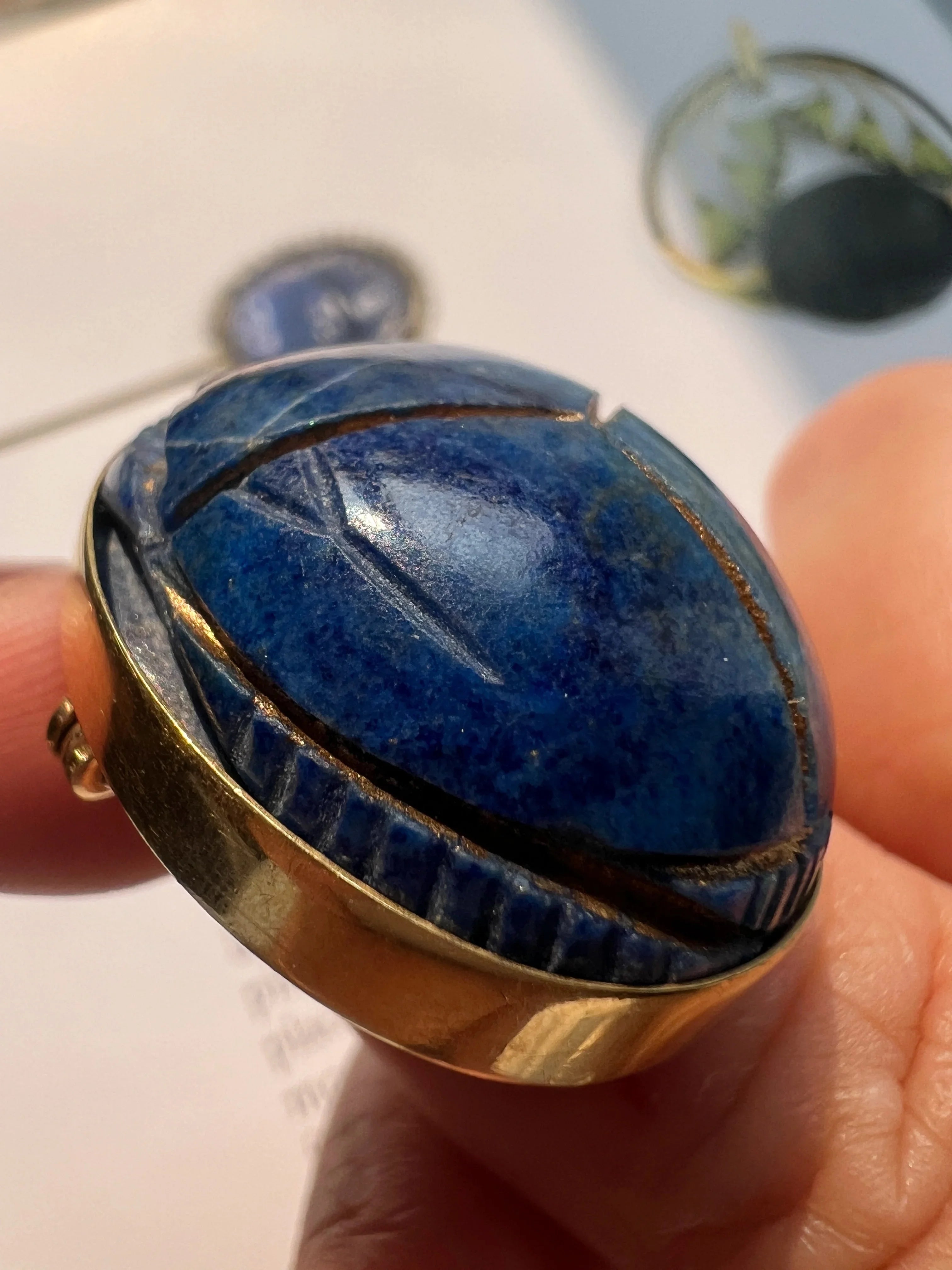 Art Deco 18K Gold Egyptian Revival Lapis Scarab Brooch