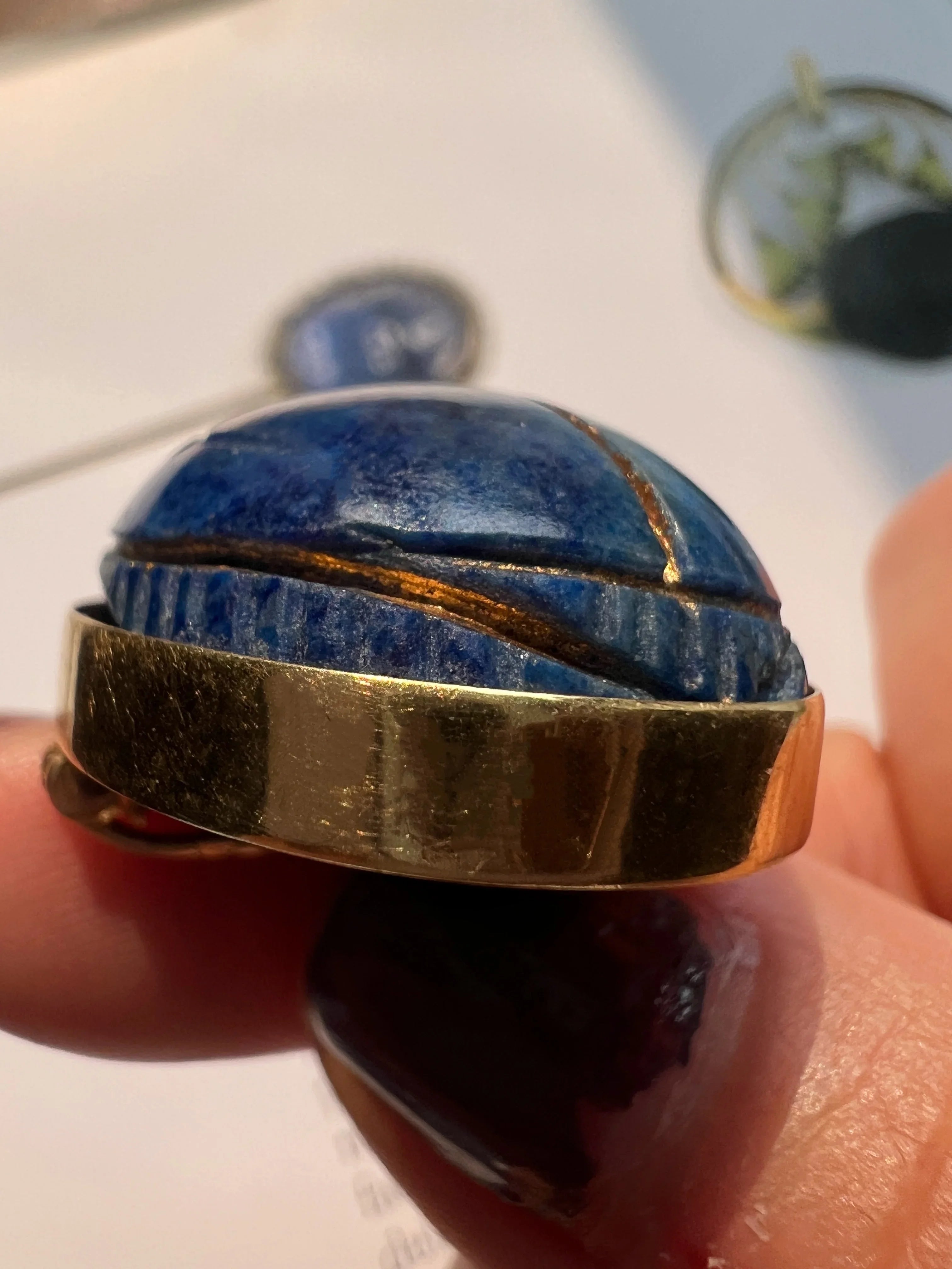 Art Deco 18K Gold Egyptian Revival Lapis Scarab Brooch