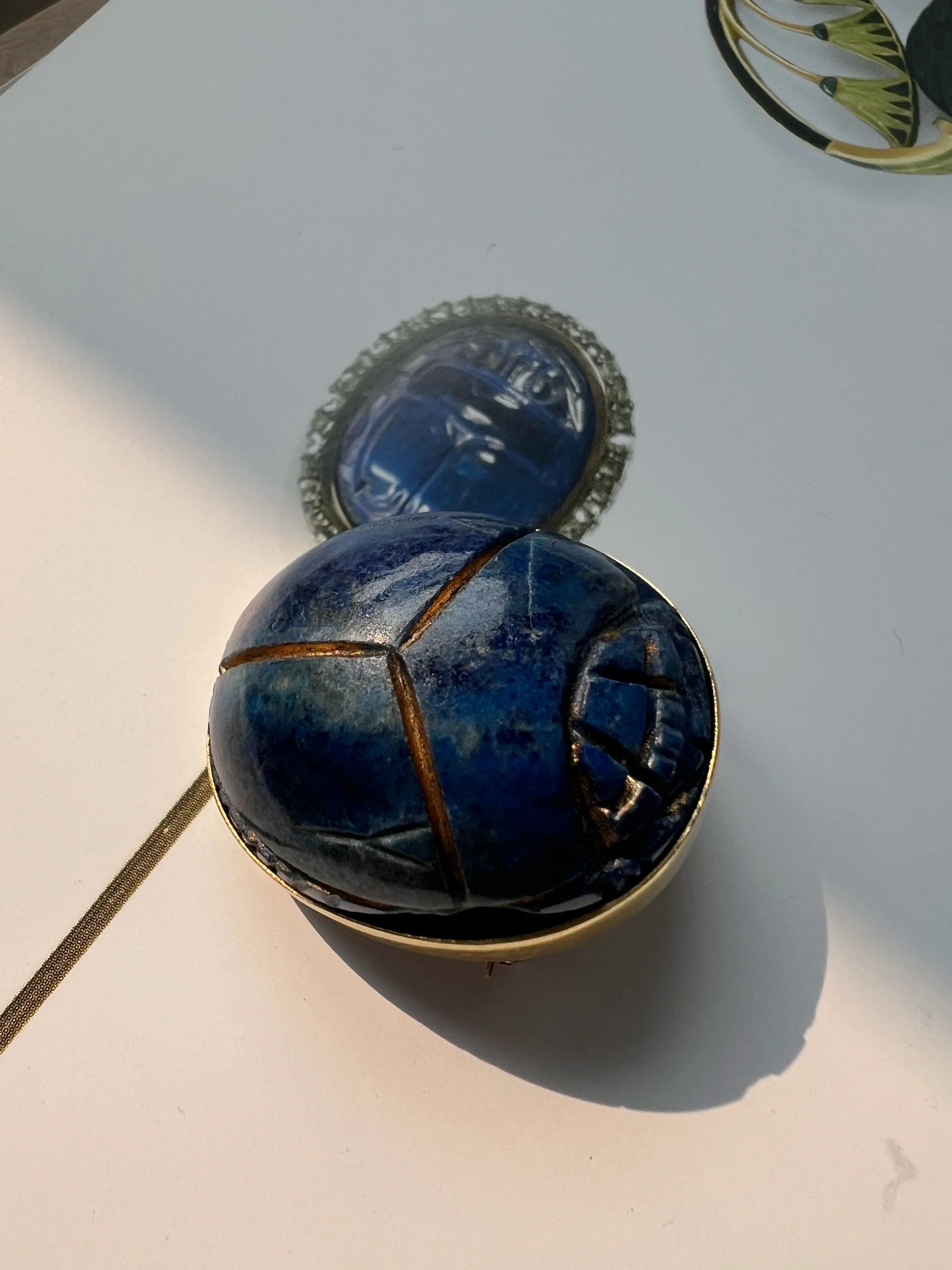 Art Deco 18K Gold Egyptian Revival Lapis Scarab Brooch