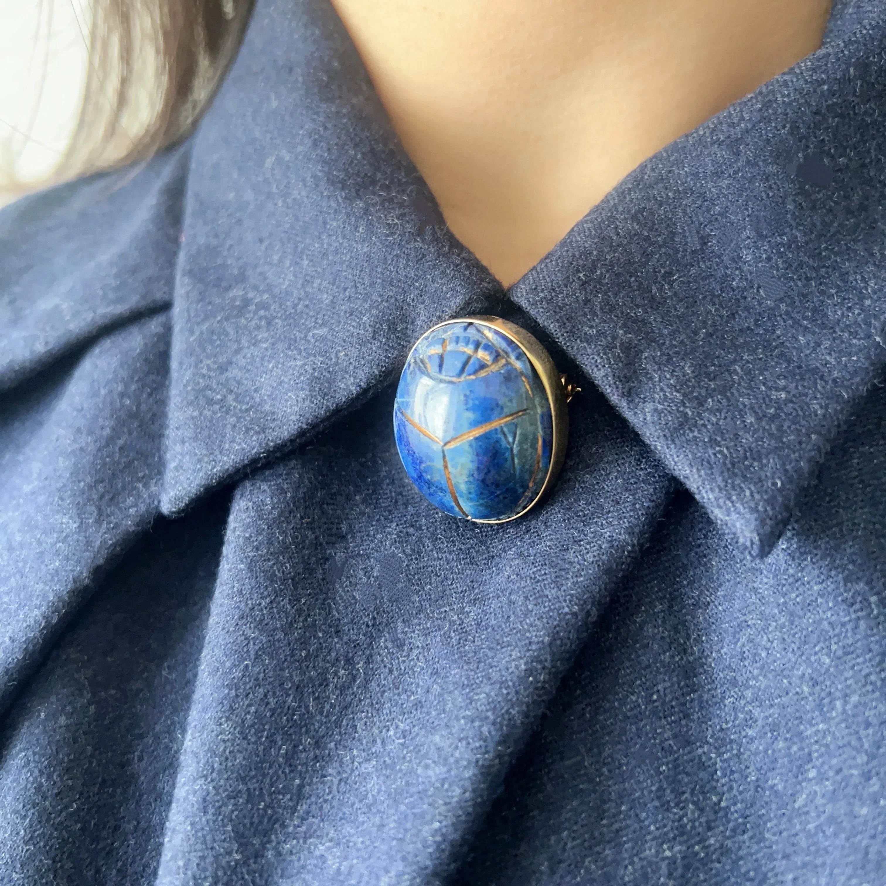 Art Deco 18K Gold Egyptian Revival Lapis Scarab Brooch