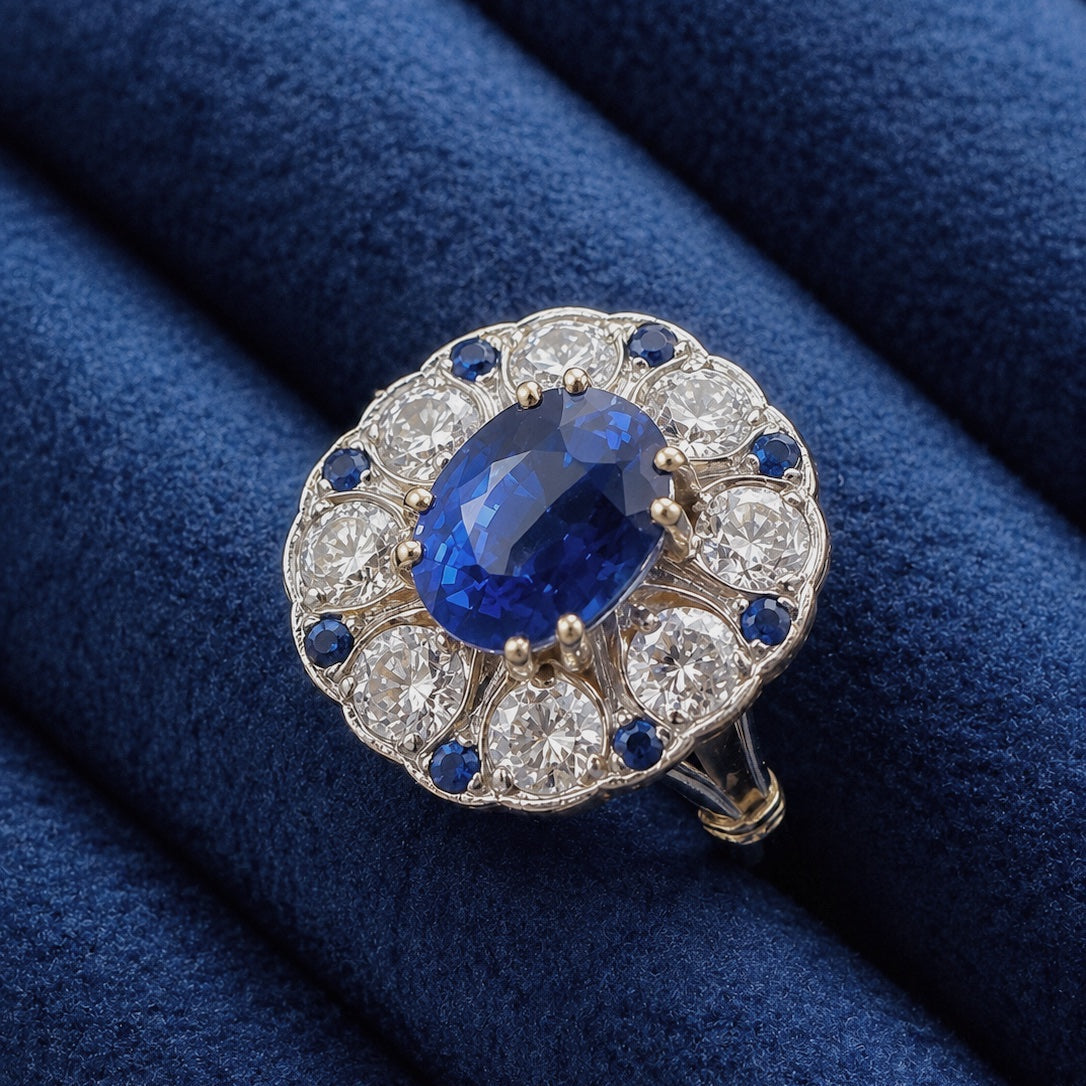 French Vintage 18K Gold Natural Sapphire & Diamond Floral Ring