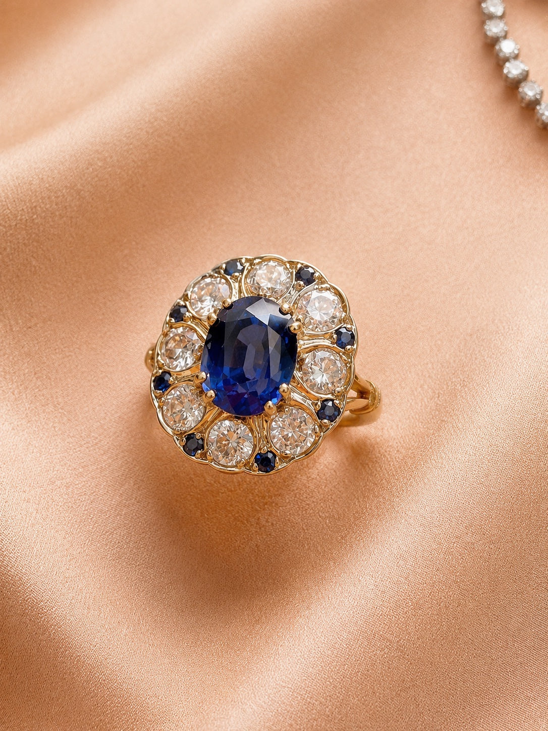French Vintage 18K Gold Natural Sapphire & Diamond Floral Ring