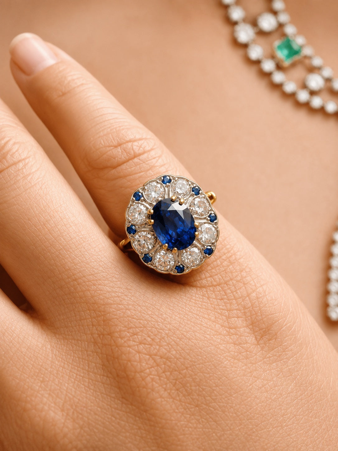 French Vintage 18K Gold Natural Sapphire & Diamond Floral Ring
