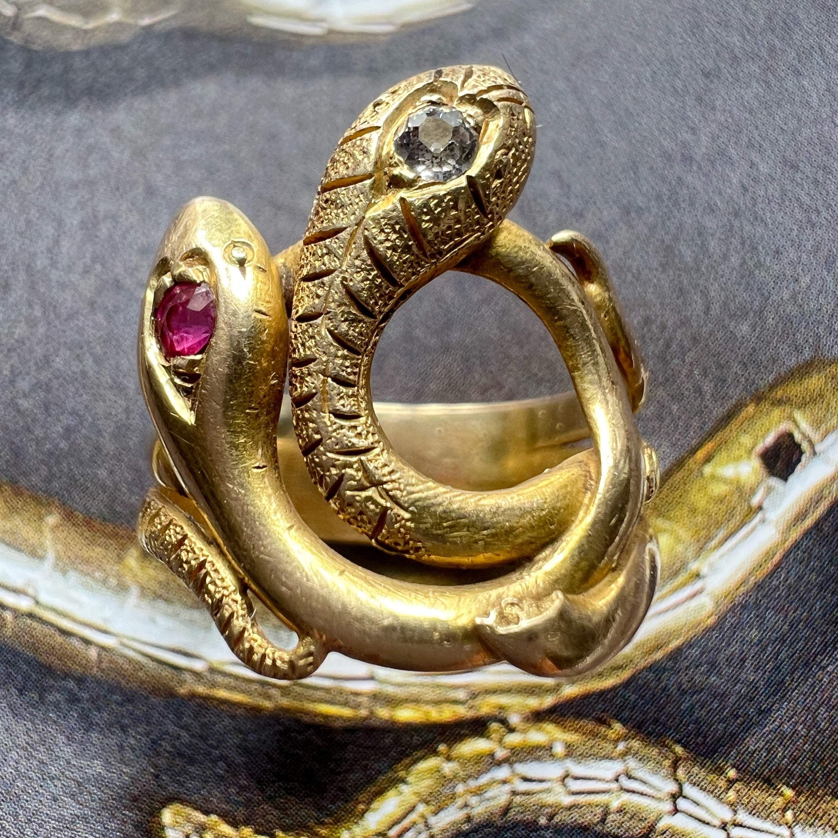 Victorian era 18K Gold diamond ruby Double Snake Ring