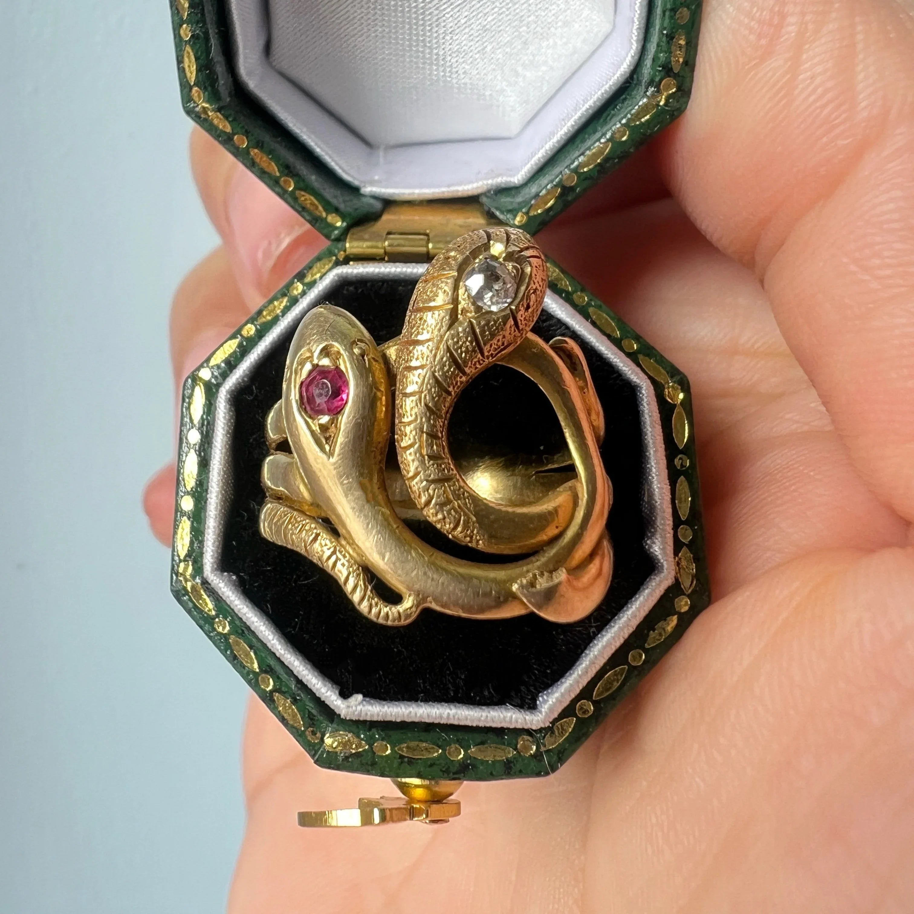 Victorian era 18K Gold diamond ruby Double Snake Ring