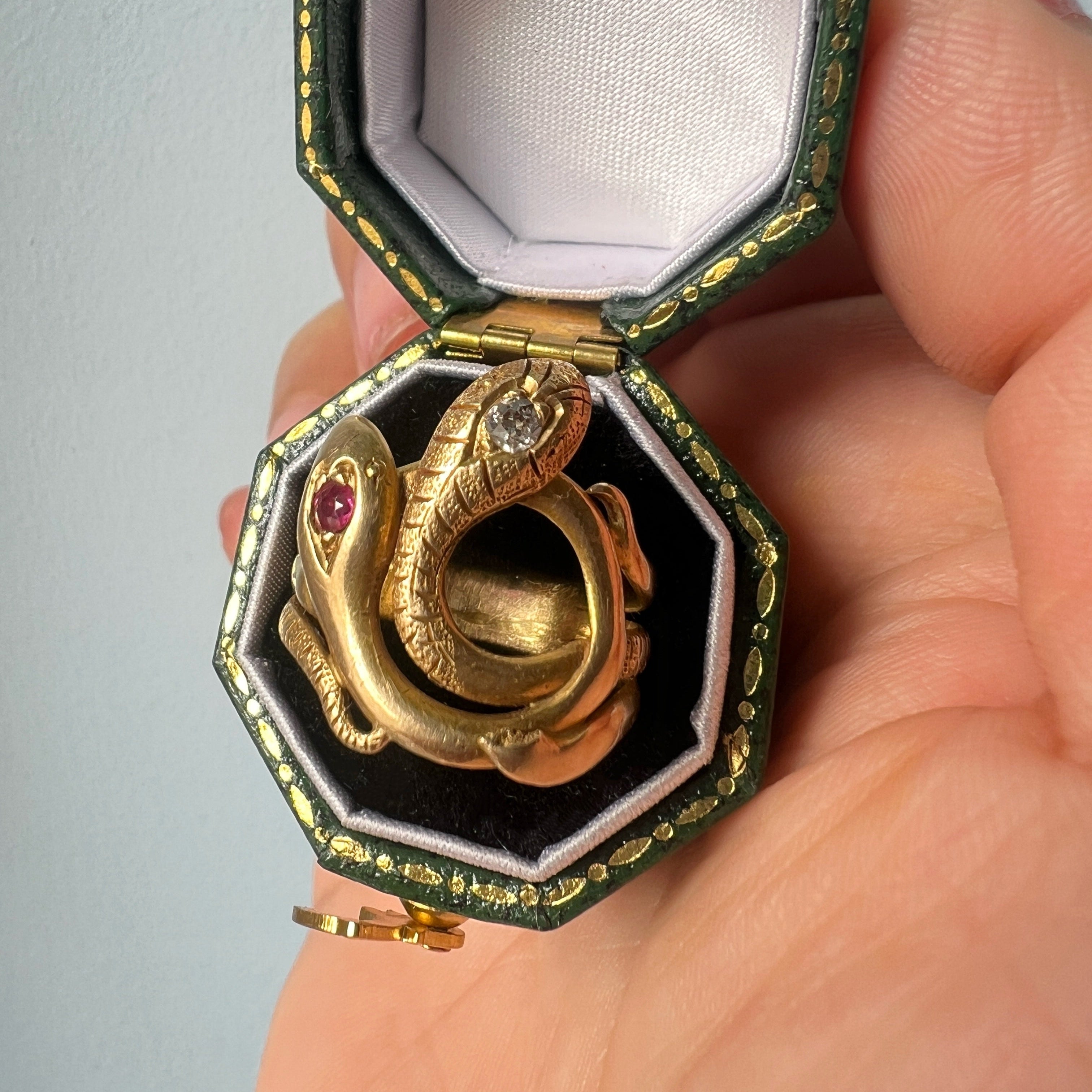 Victorian era 18K Gold diamond ruby Double Snake Ring