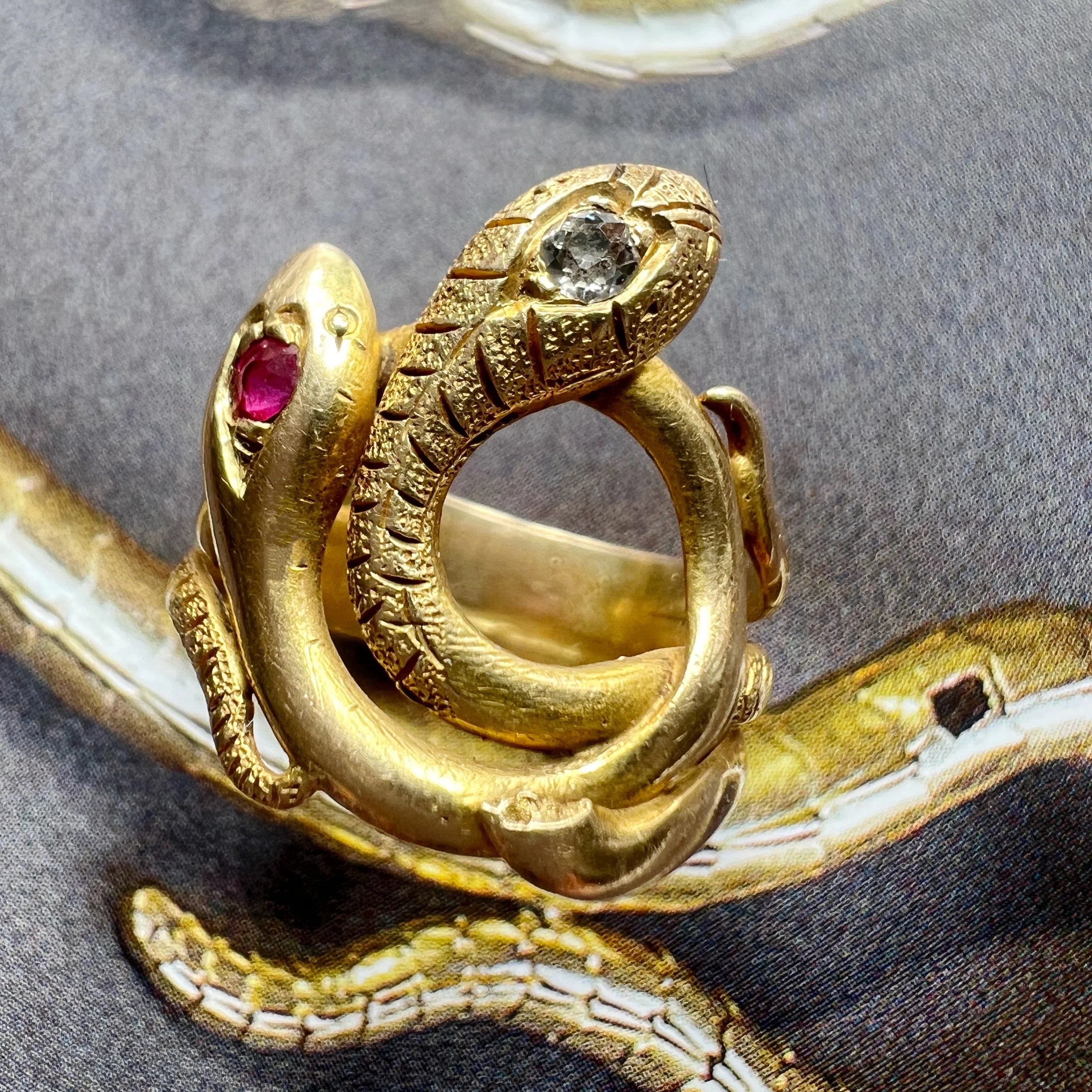 Victorian era 18K Gold diamond ruby Double Snake Ring