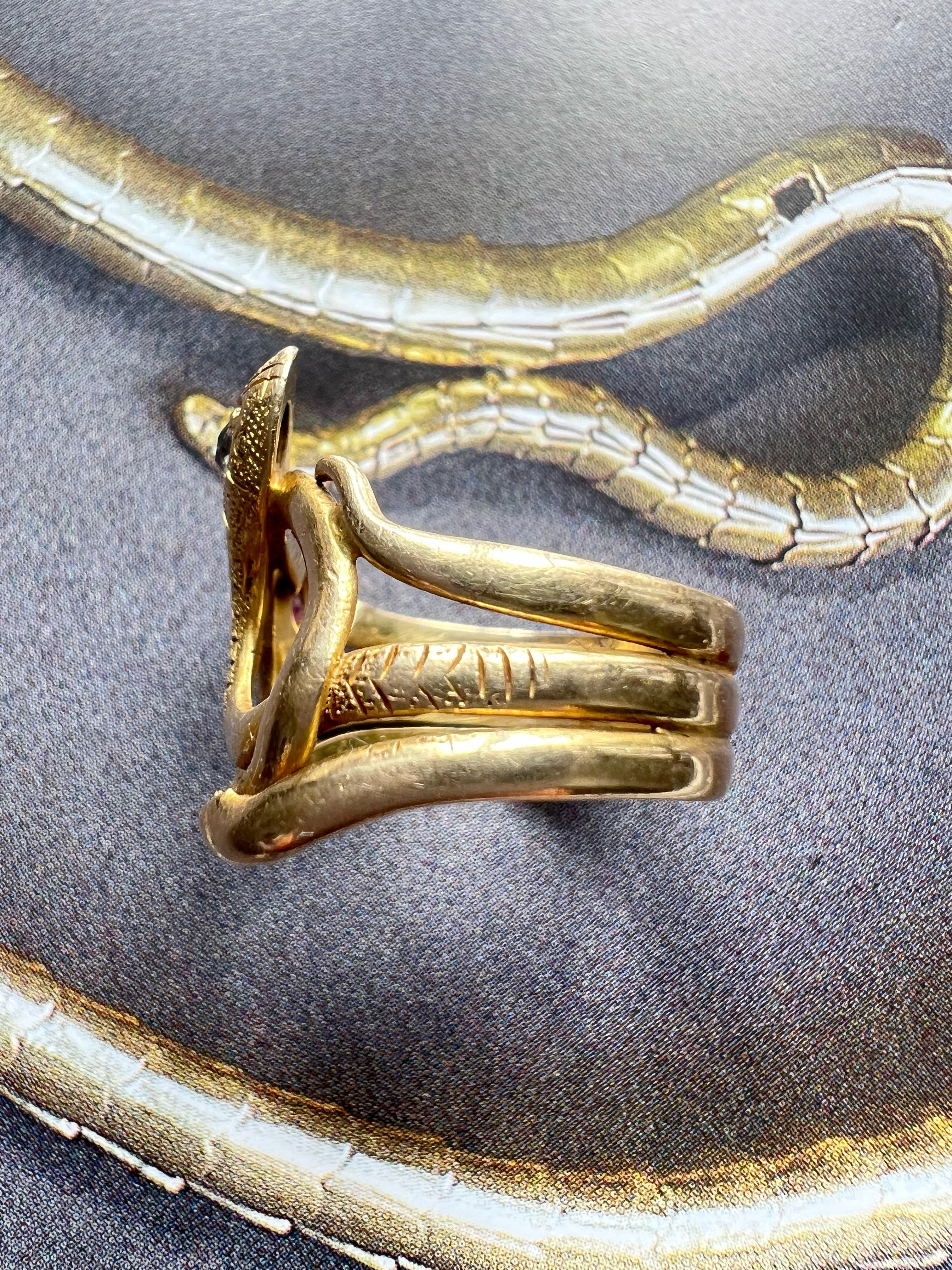 Victorian era 18K Gold diamond ruby Double Snake Ring