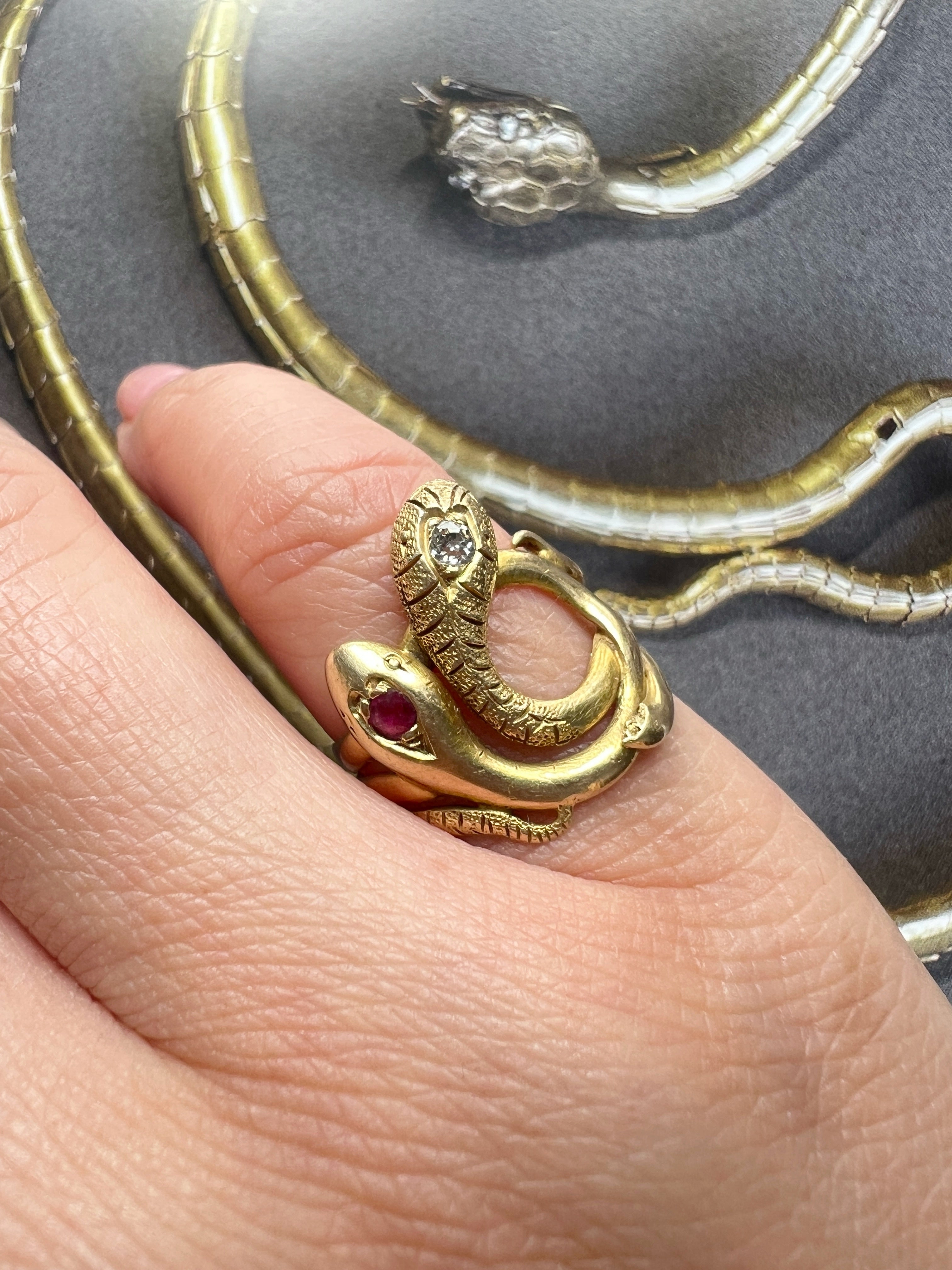 Victorian era 18K Gold diamond ruby Double Snake Ring