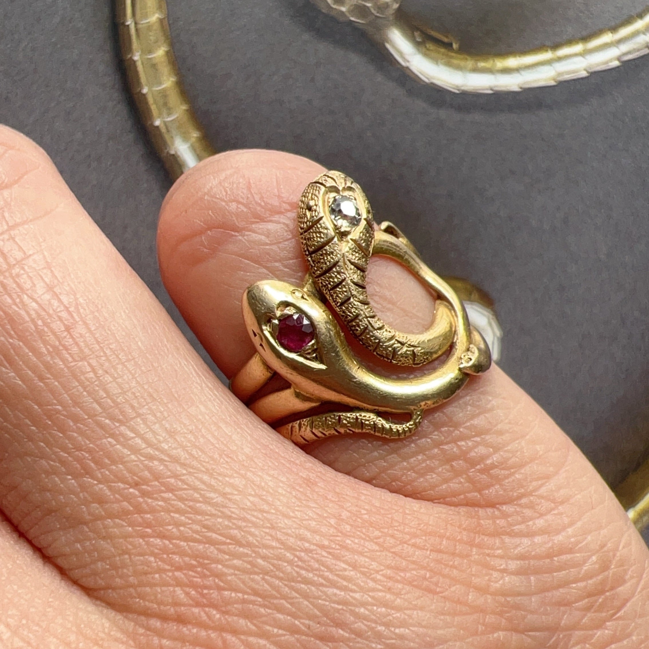 Victorian era 18K Gold diamond ruby Double Snake Ring