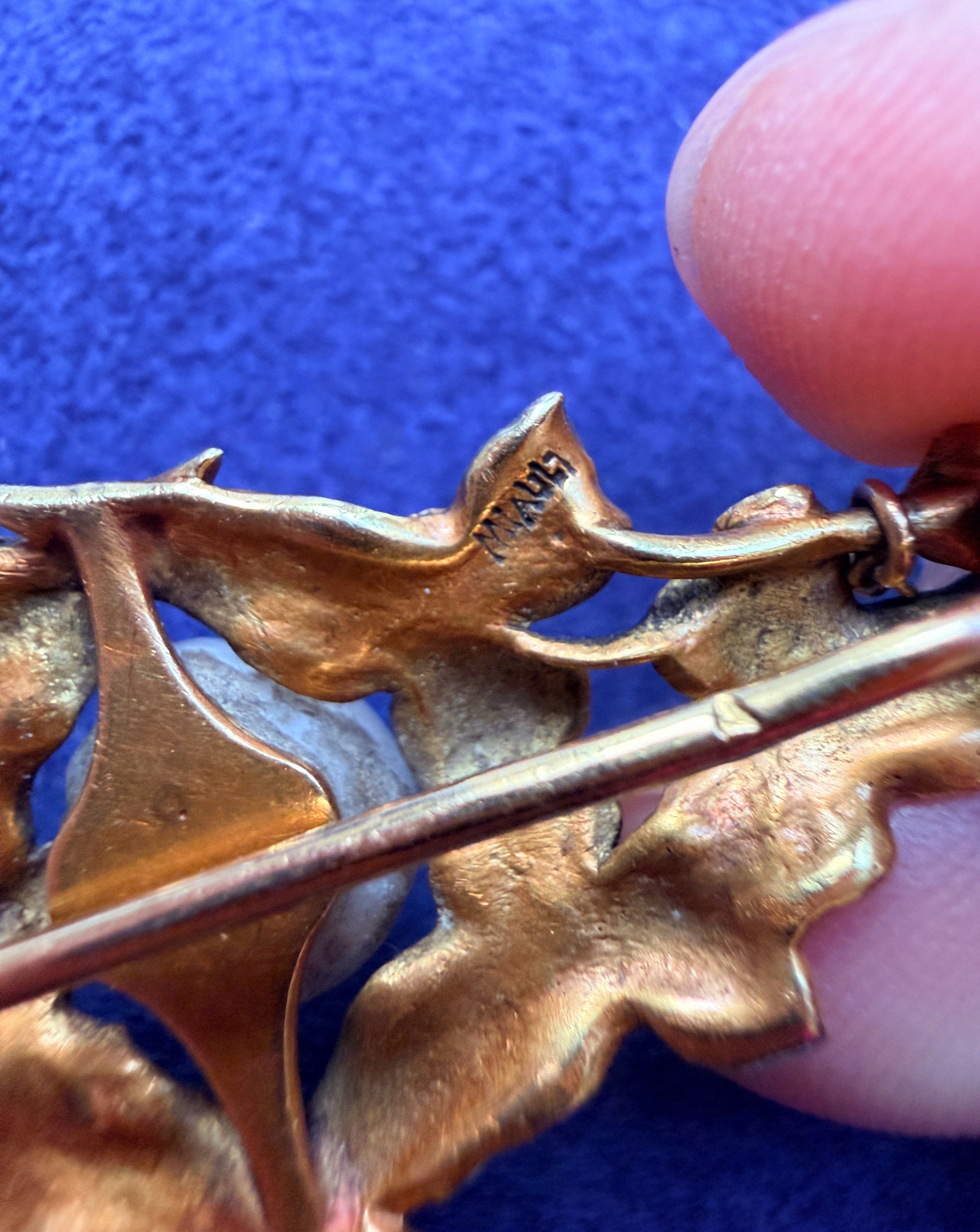 HENRI MIAULT Art Nouveau 18K ivy leaf brooch, certified natural pearl