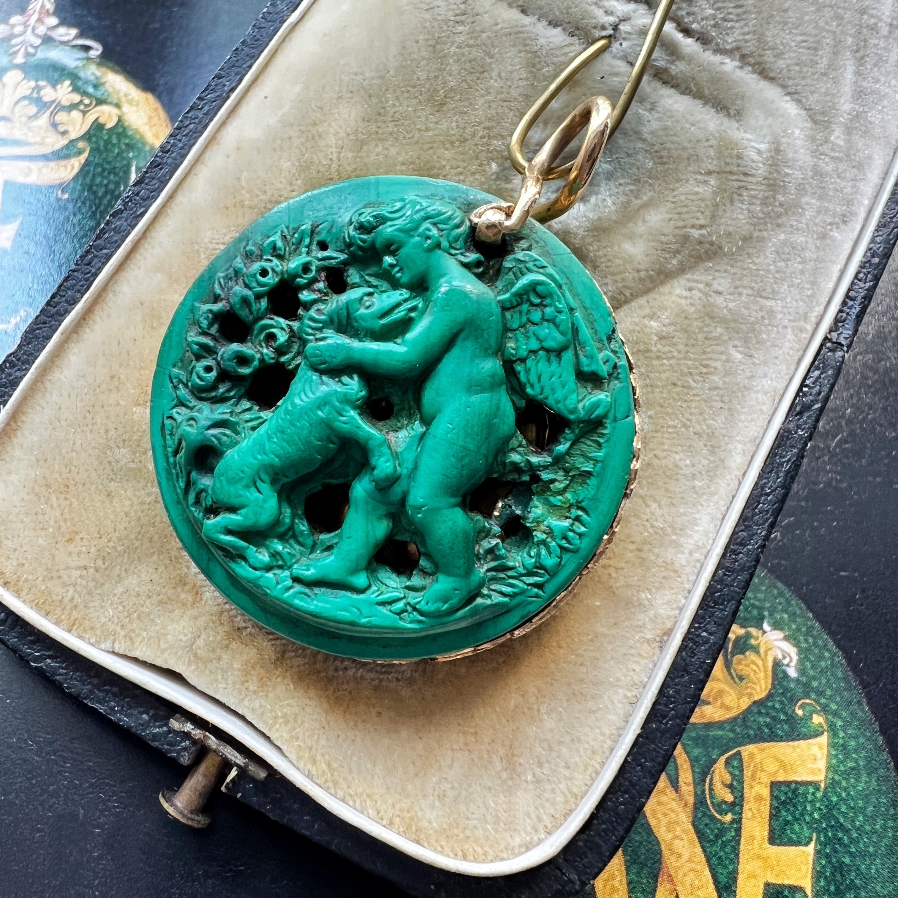 Rare French 19th Century 18K gold Malachite Cherub & Dog Vinaigrette Pendant