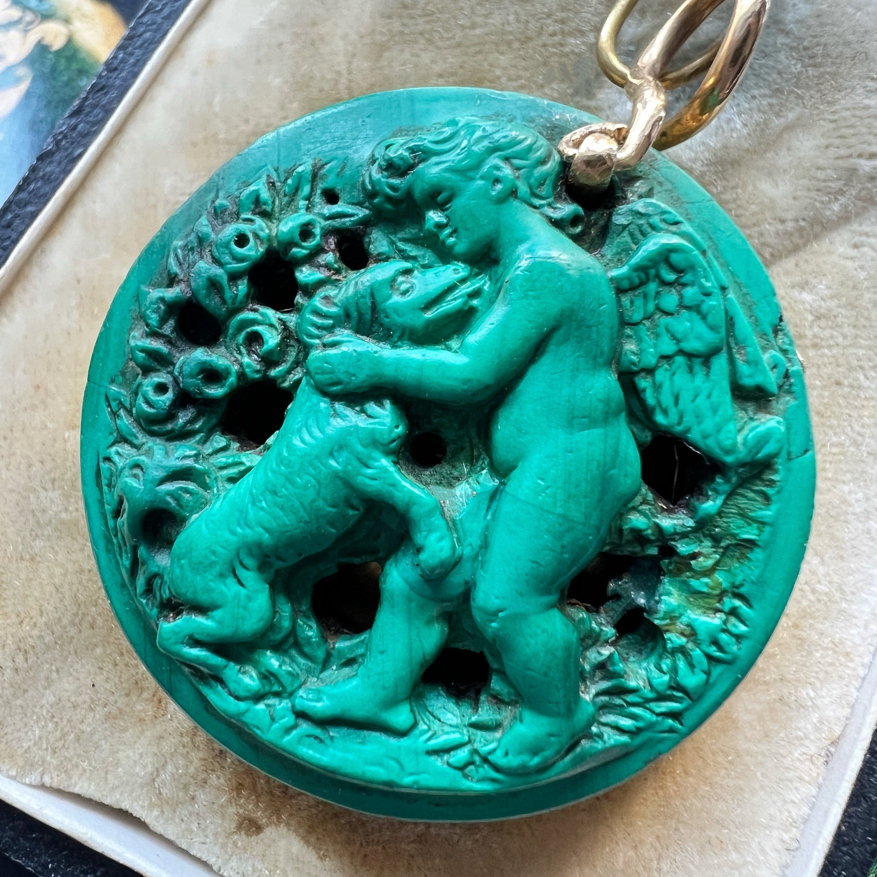 Rare French 19th Century 18K gold Malachite Cherub & Dog Vinaigrette Pendant