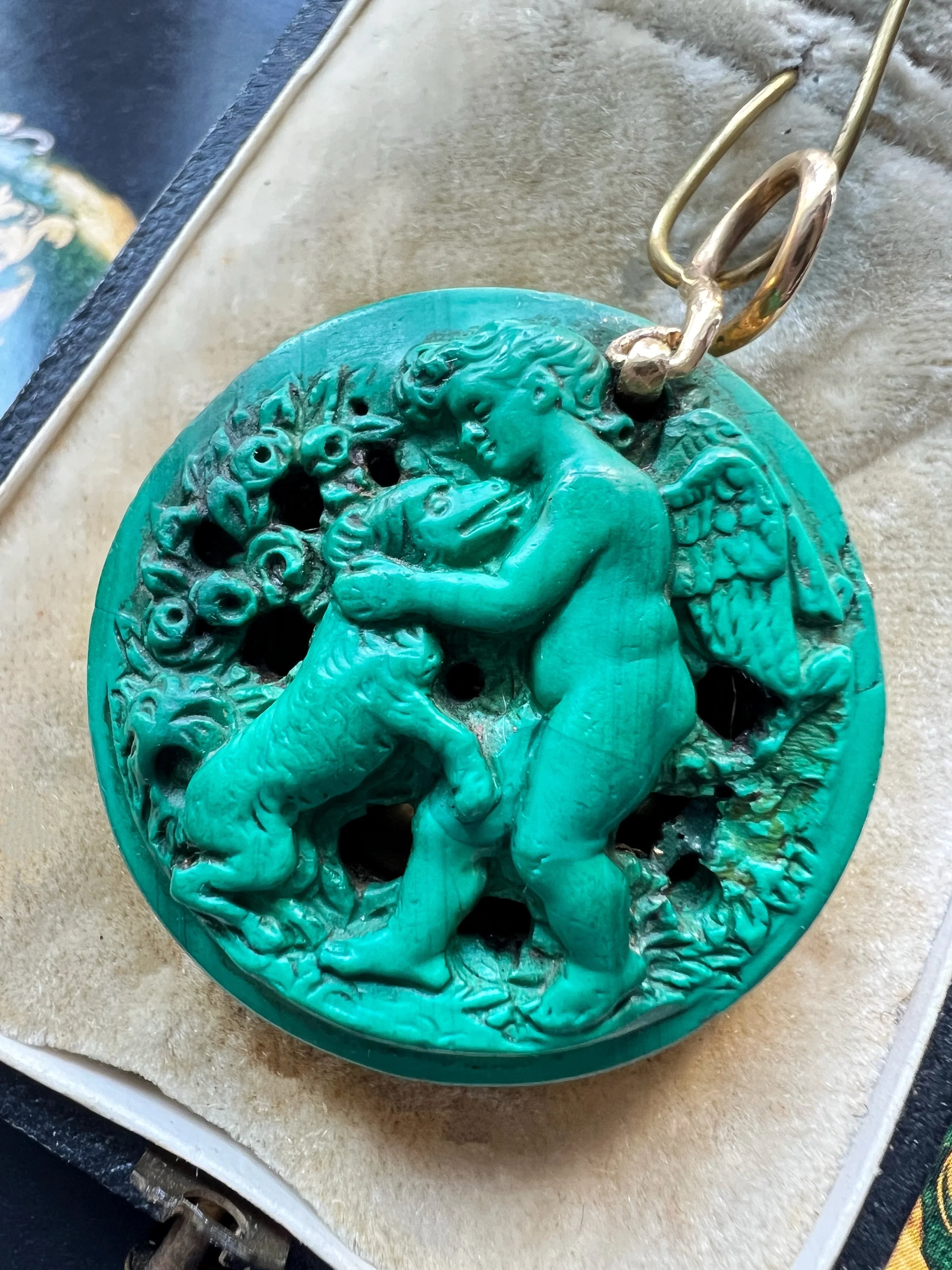 Rare French 19th Century 18K gold Malachite Cherub & Dog Vinaigrette Pendant