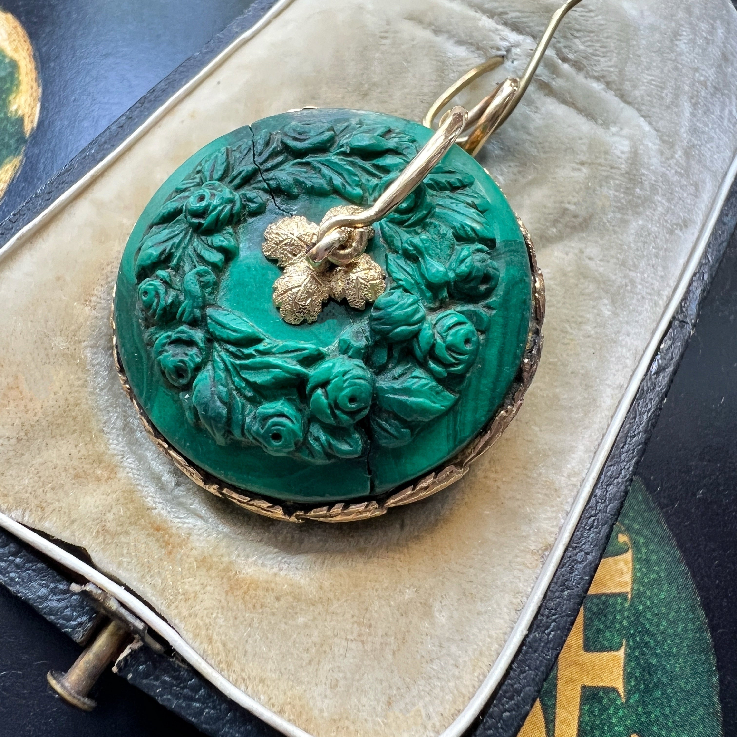 Rare French 19th Century 18K gold Malachite Cherub & Dog Vinaigrette Pendant