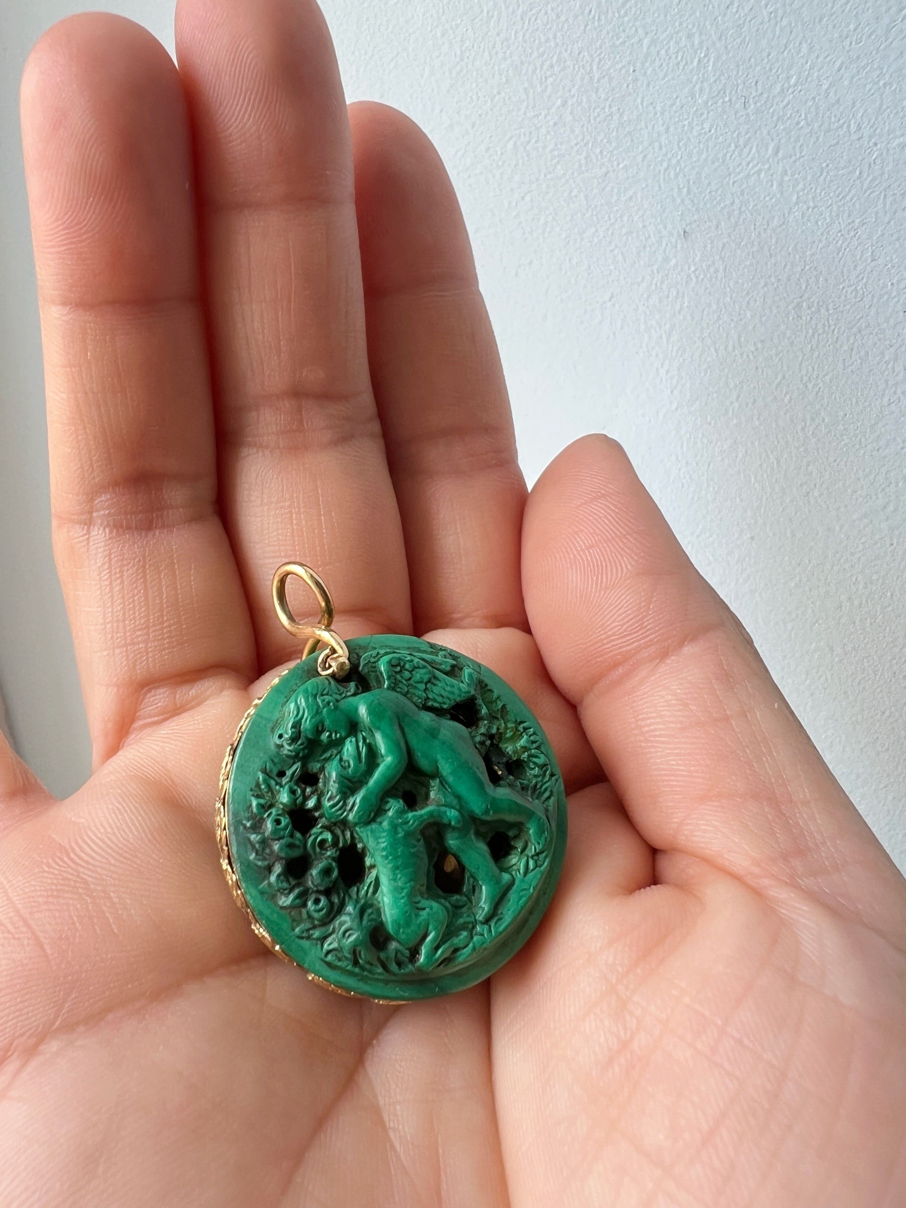 Rare French 19th Century 18K gold Malachite Cherub & Dog Vinaigrette Pendant