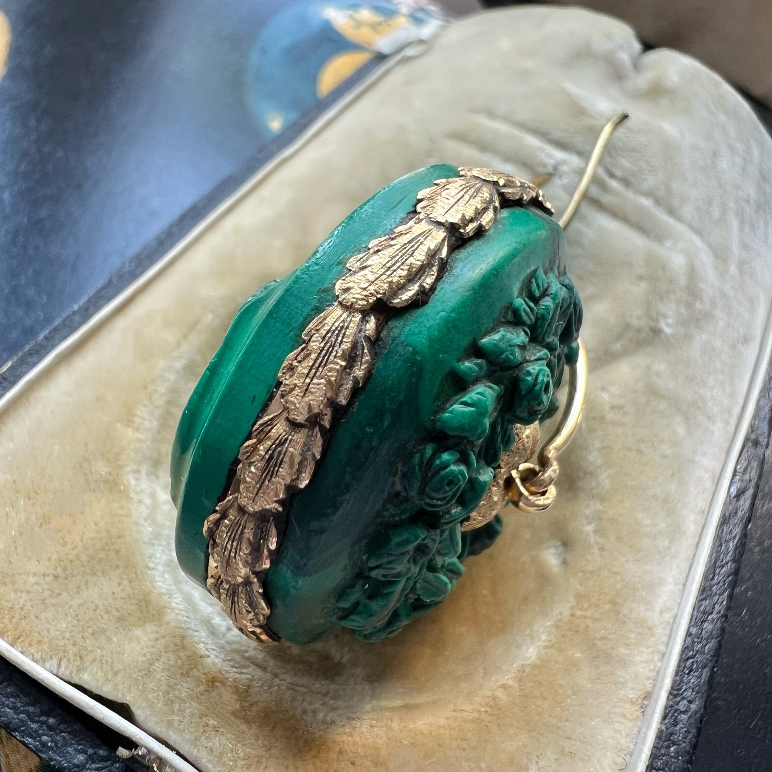 Rare French 19th Century 18K gold Malachite Cherub & Dog Vinaigrette Pendant