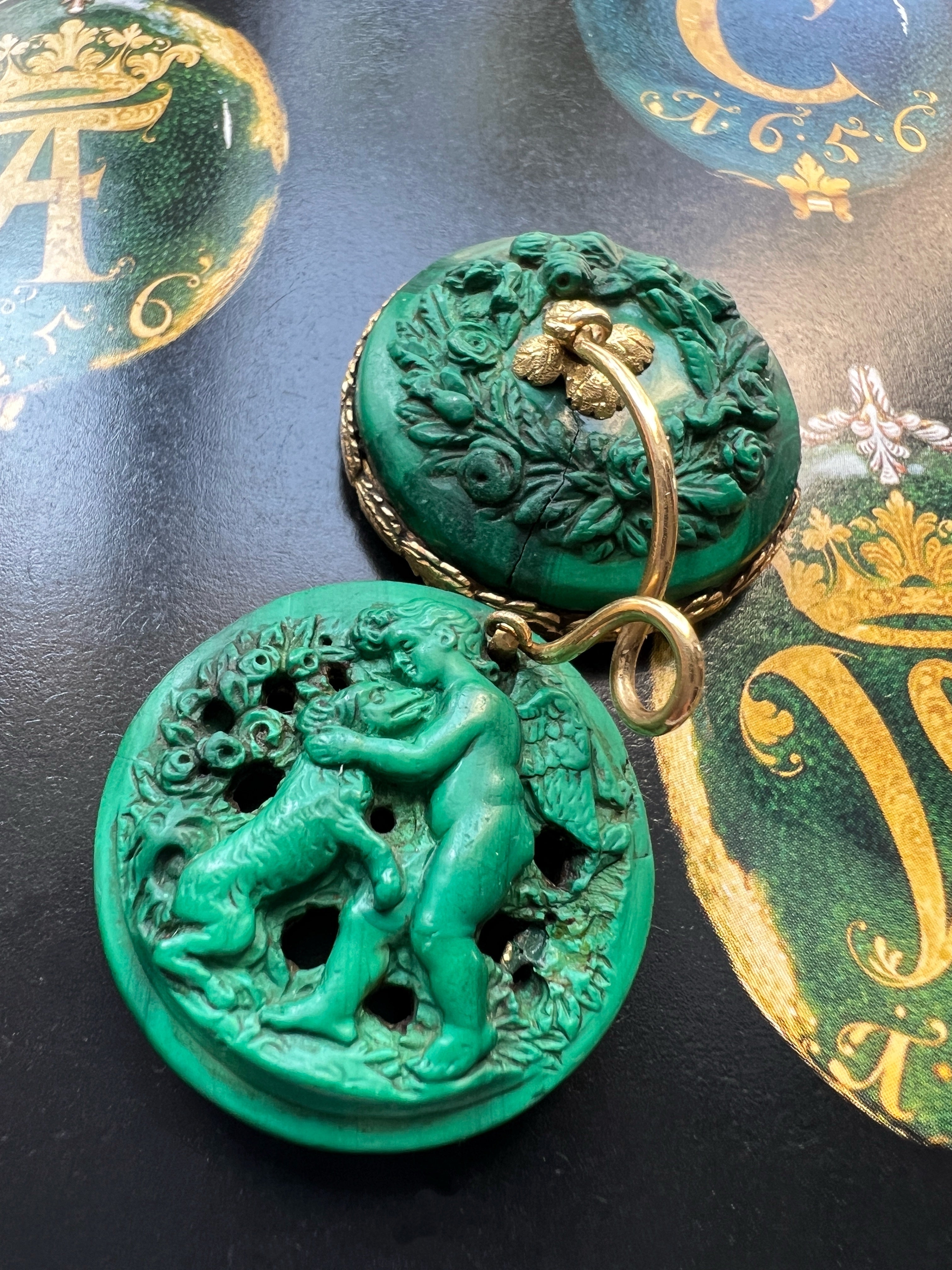 Rare French 19th Century 18K gold Malachite Cherub & Dog Vinaigrette Pendant