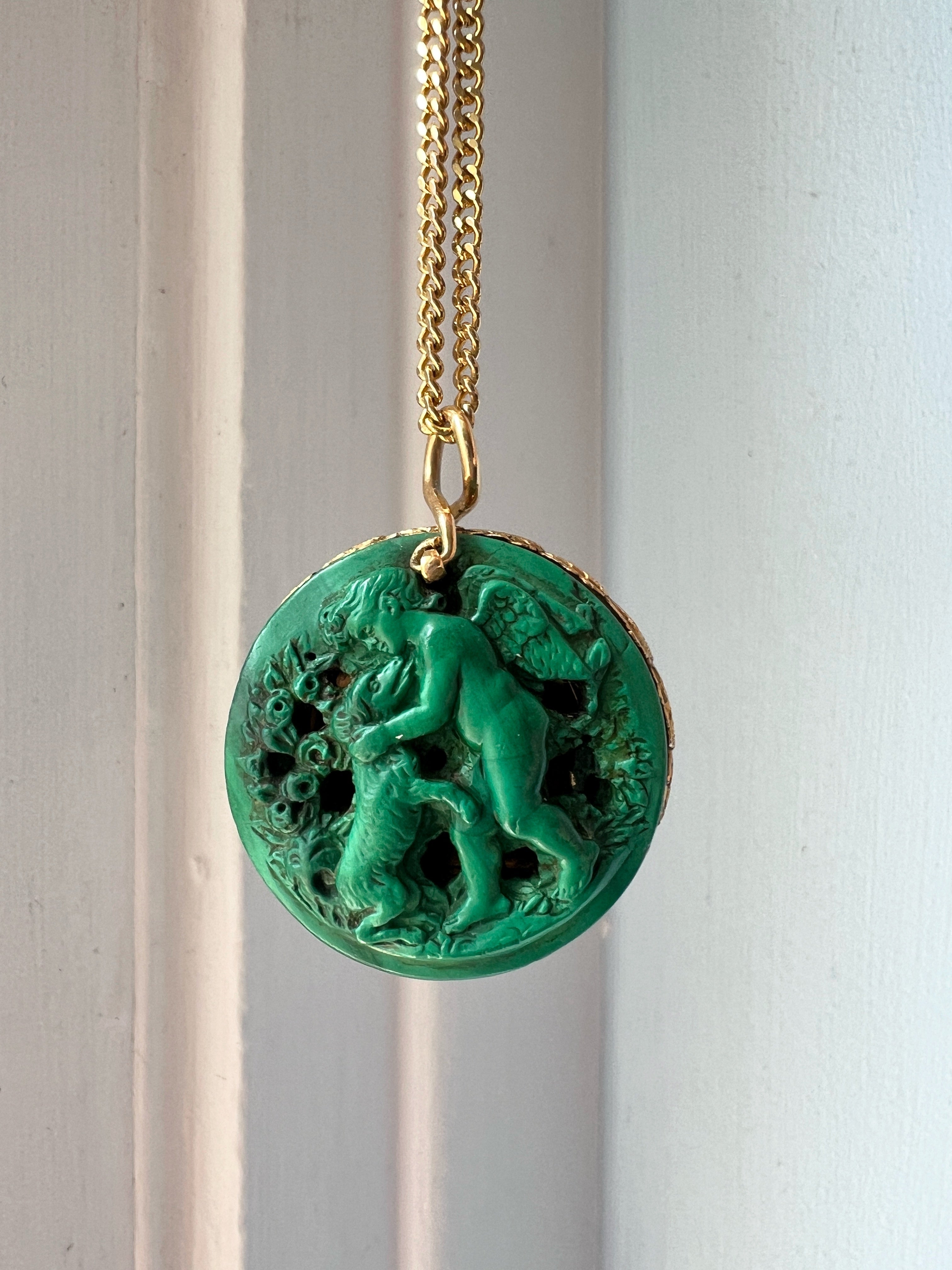 Rare French 19th Century 18K gold Malachite Cherub & Dog Vinaigrette Pendant