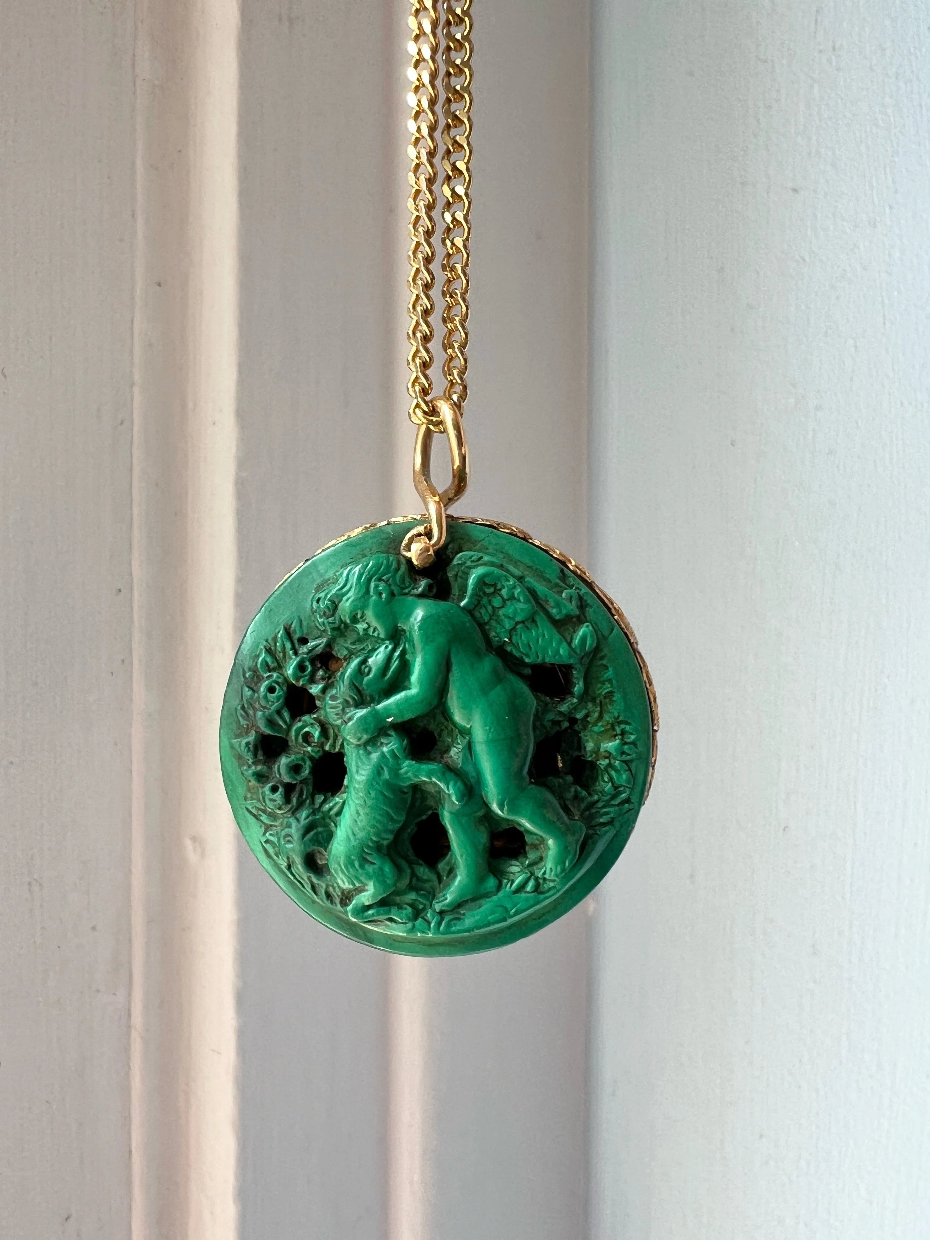 Rare French 19th Century 18K gold Malachite Cherub & Dog Vinaigrette Pendant