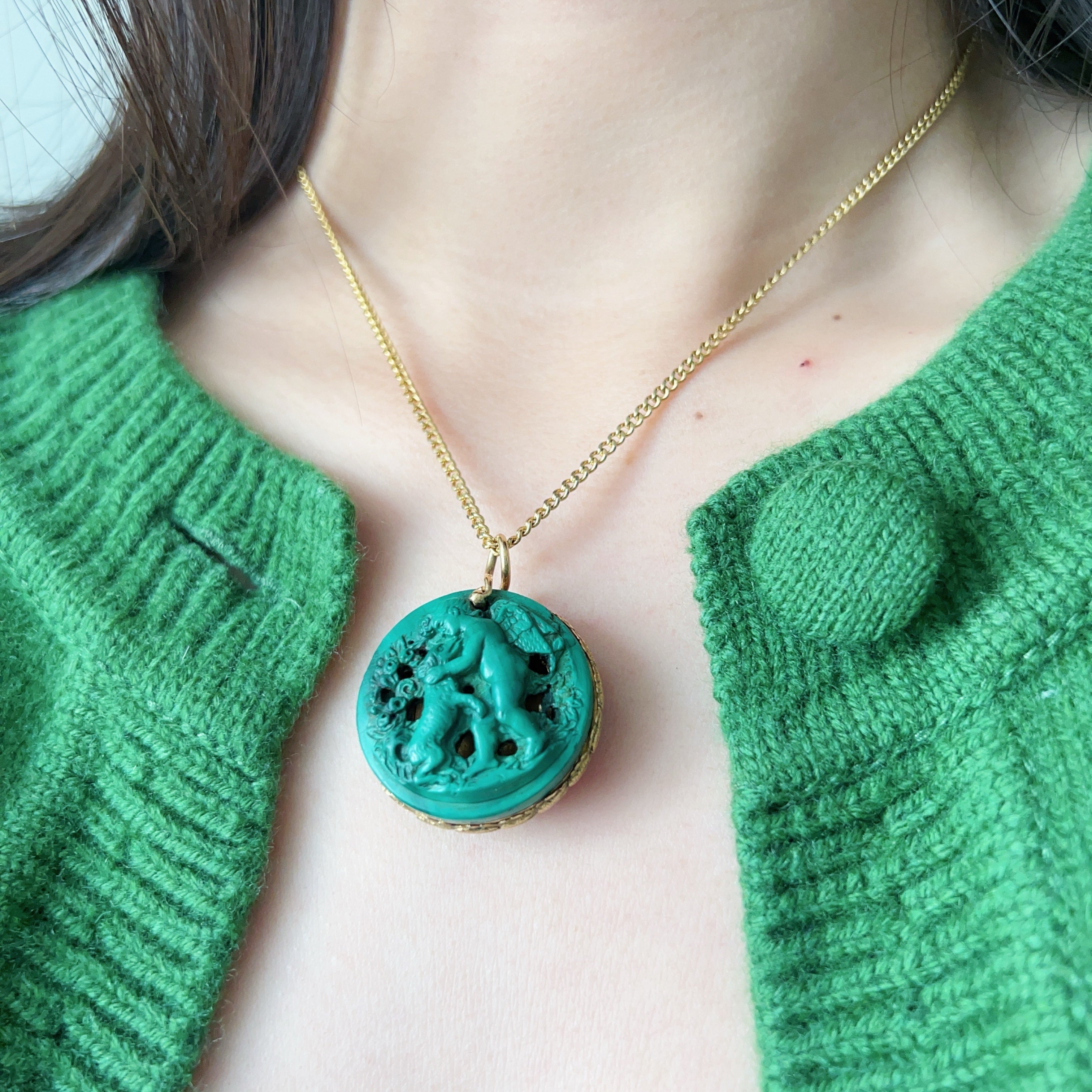 Rare French 19th Century 18K gold Malachite Cherub & Dog Vinaigrette Pendant