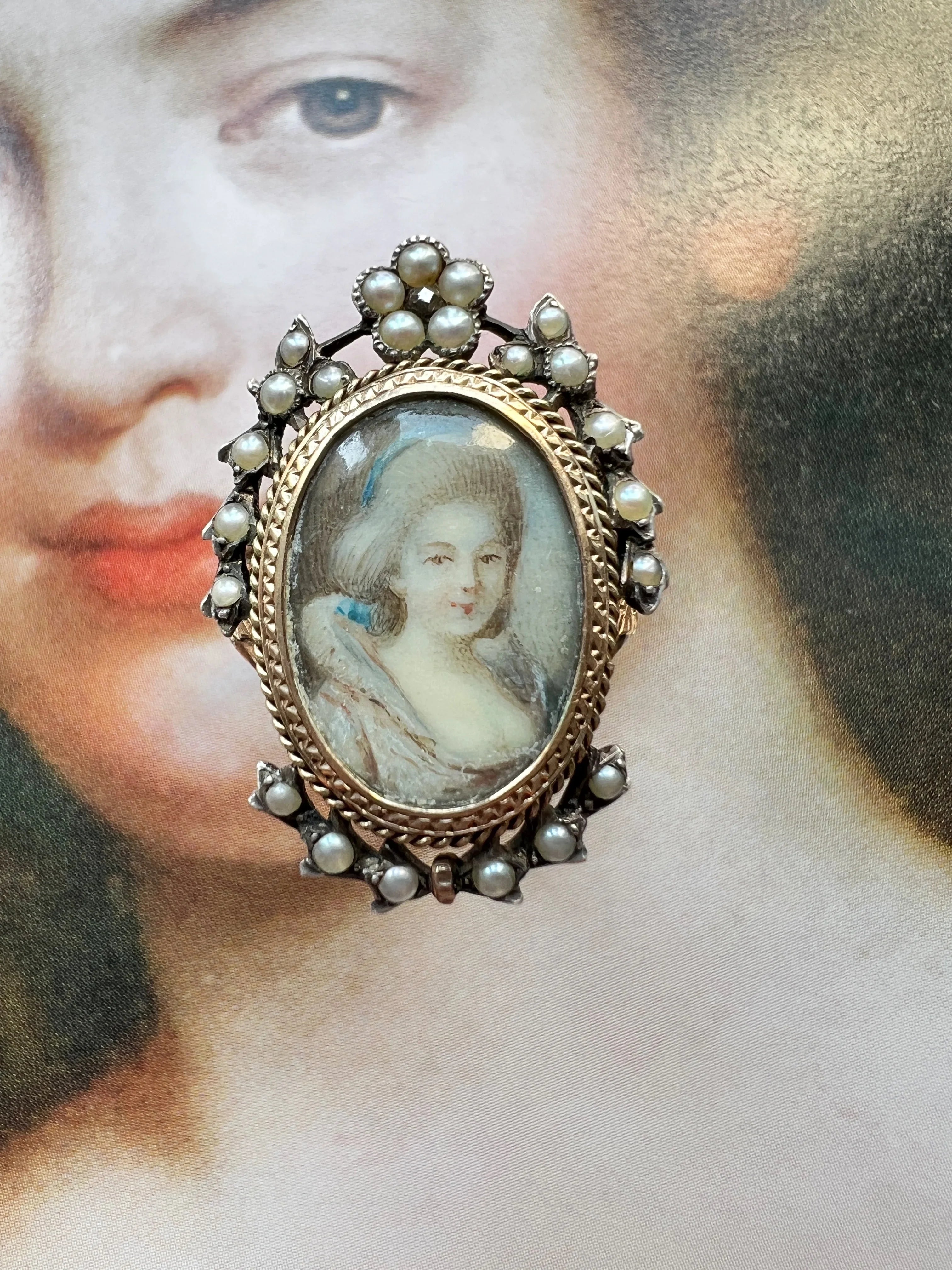 Victorian 18K Rose Gold & Silver Miniature Portrait Ring with Seed Pearls
