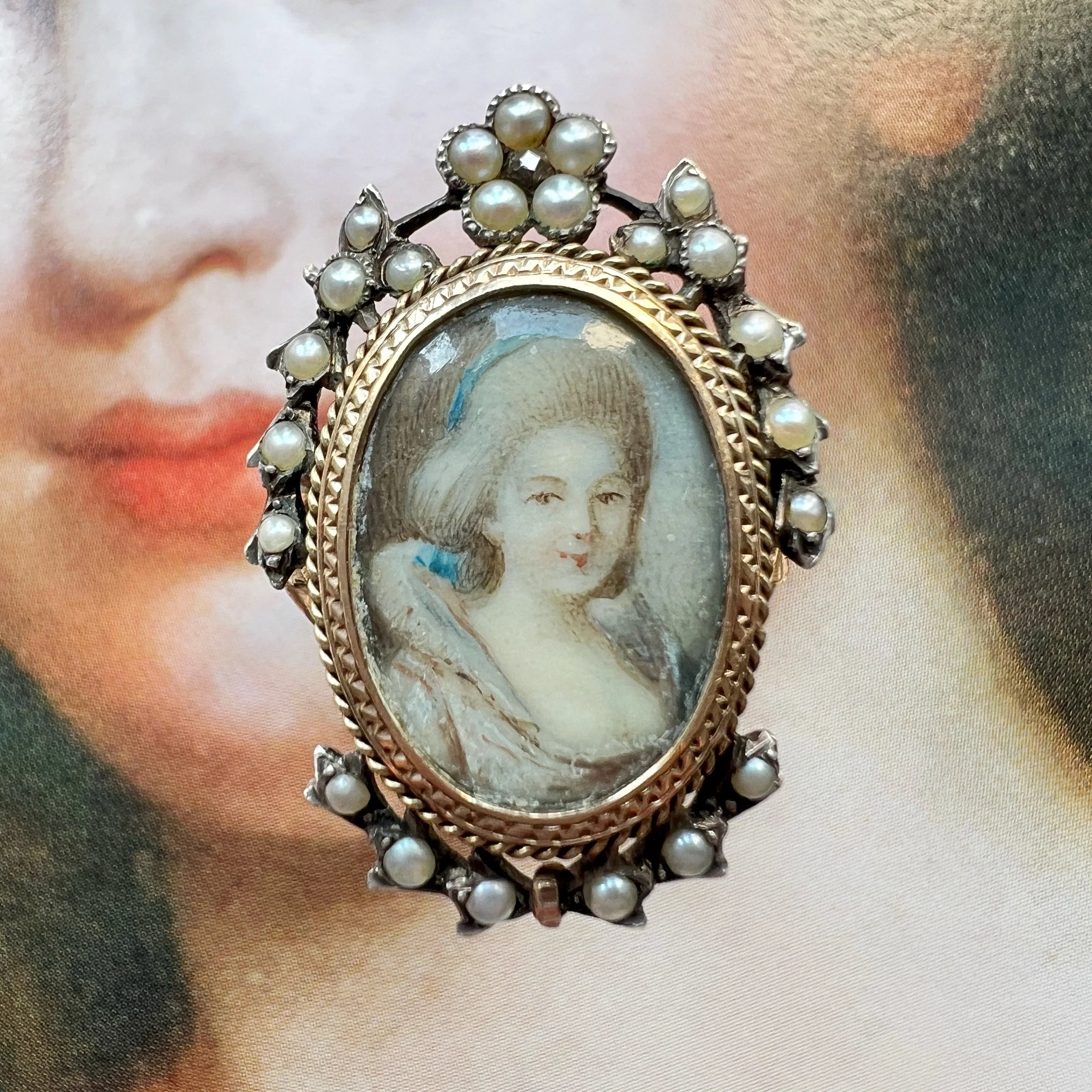 Victorian 18K Rose Gold & Silver Miniature Portrait Ring with Seed Pearls