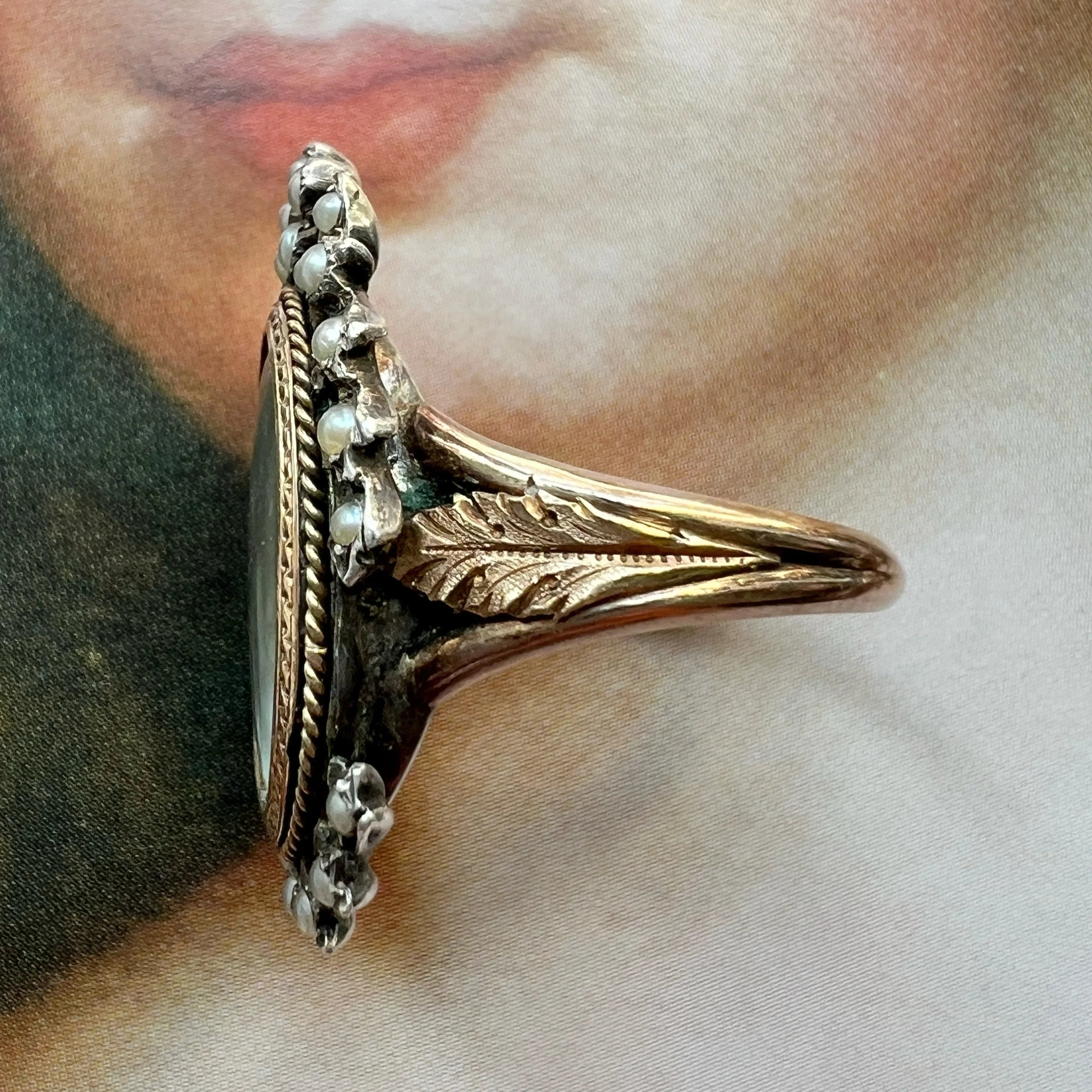 Victorian 18K Rose Gold & Silver Miniature Portrait Ring with Seed Pearls