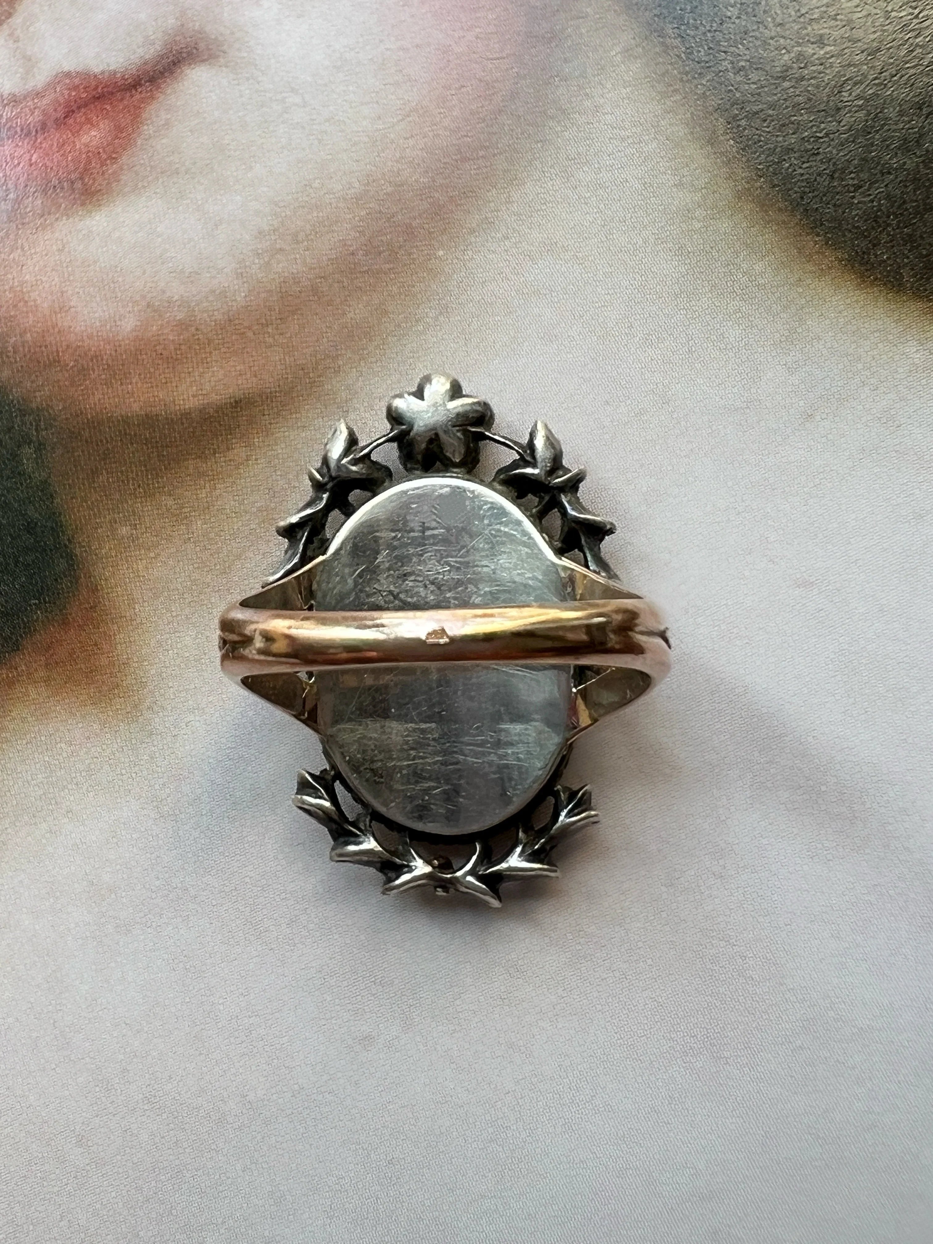 Victorian 18K Rose Gold & Silver Miniature Portrait Ring with Seed Pearls