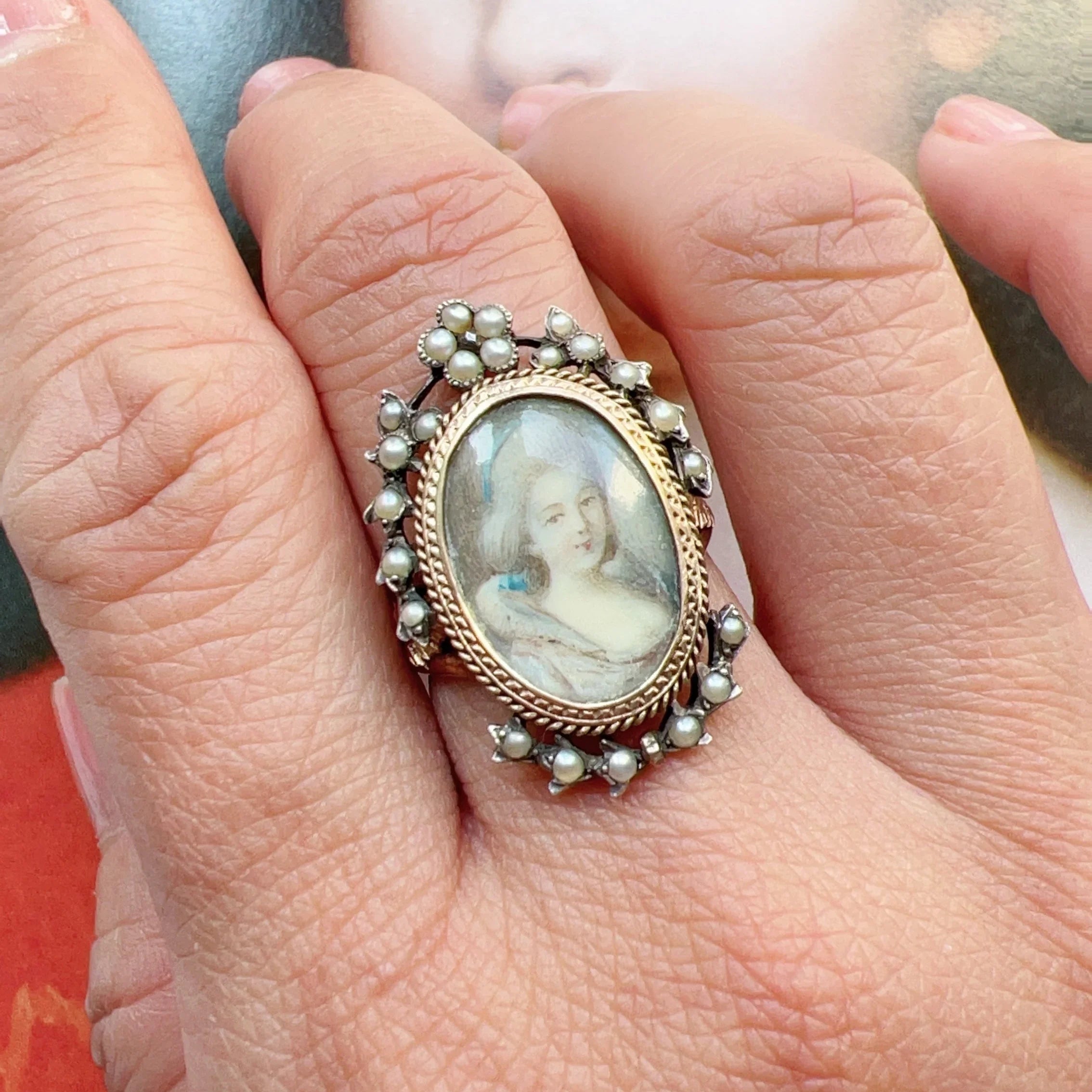 Victorian 18K Rose Gold & Silver Miniature Portrait Ring with Seed Pearls