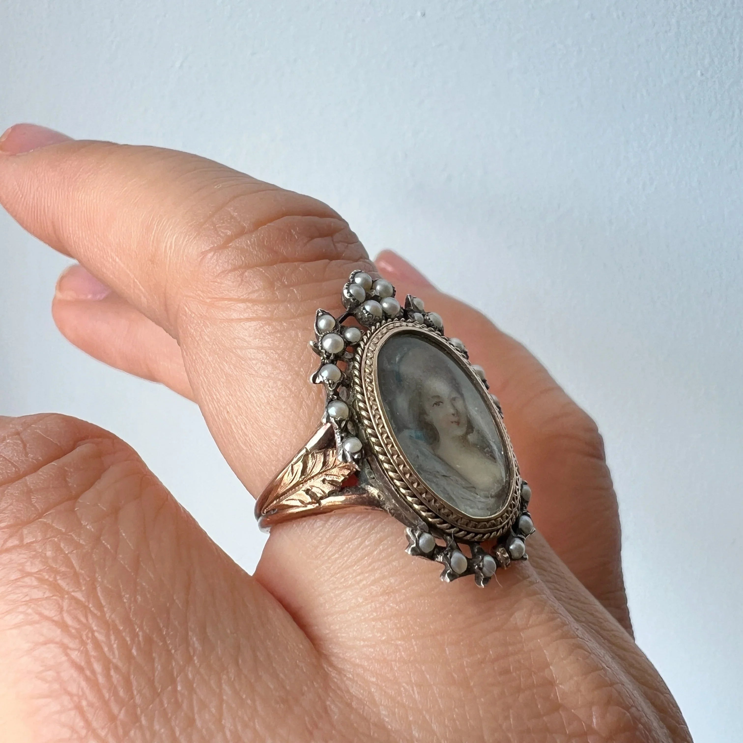 Victorian 18K Rose Gold & Silver Miniature Portrait Ring with Seed Pearls