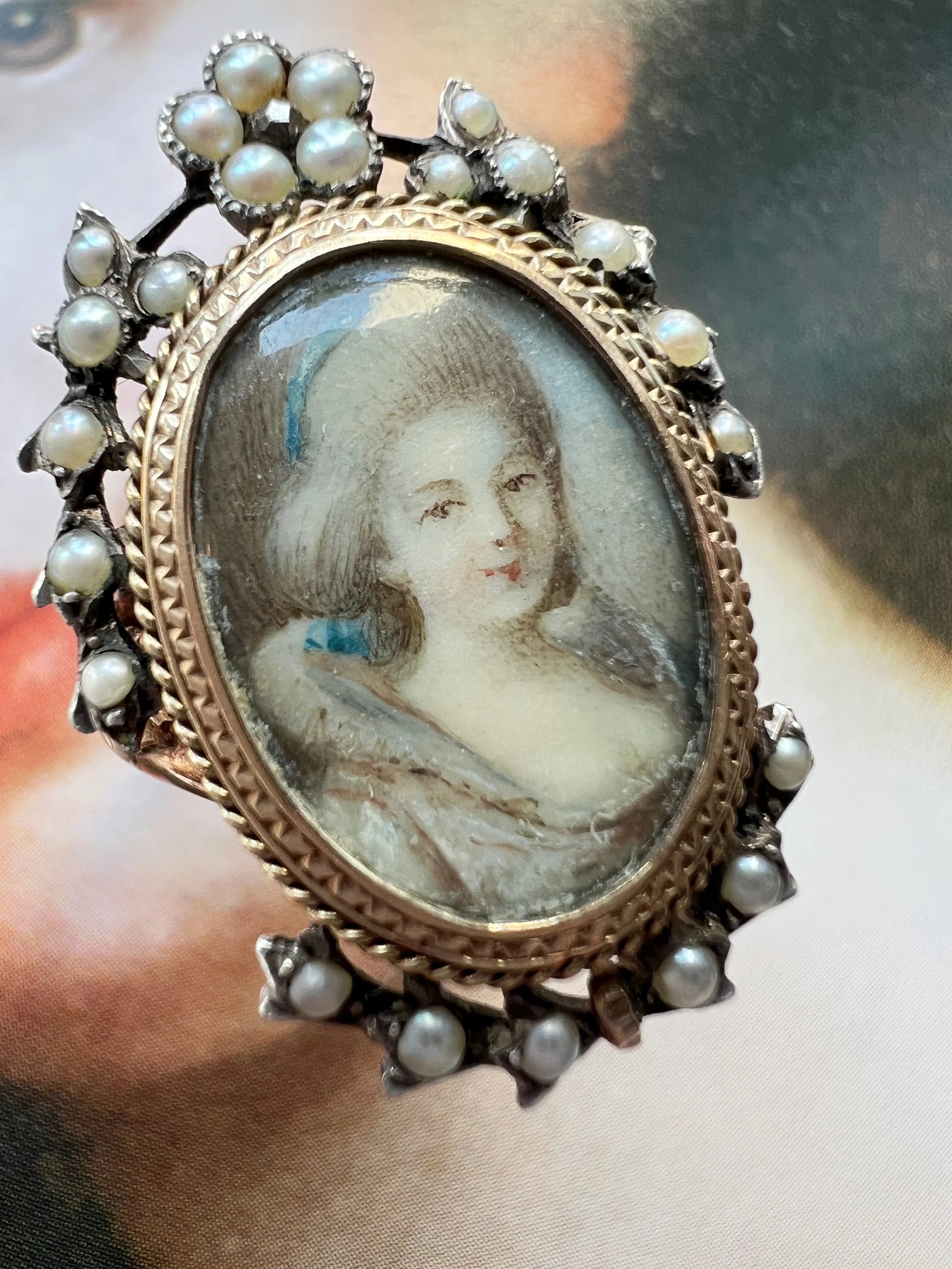 Victorian 18K Rose Gold & Silver Miniature Portrait Ring with Seed Pearls
