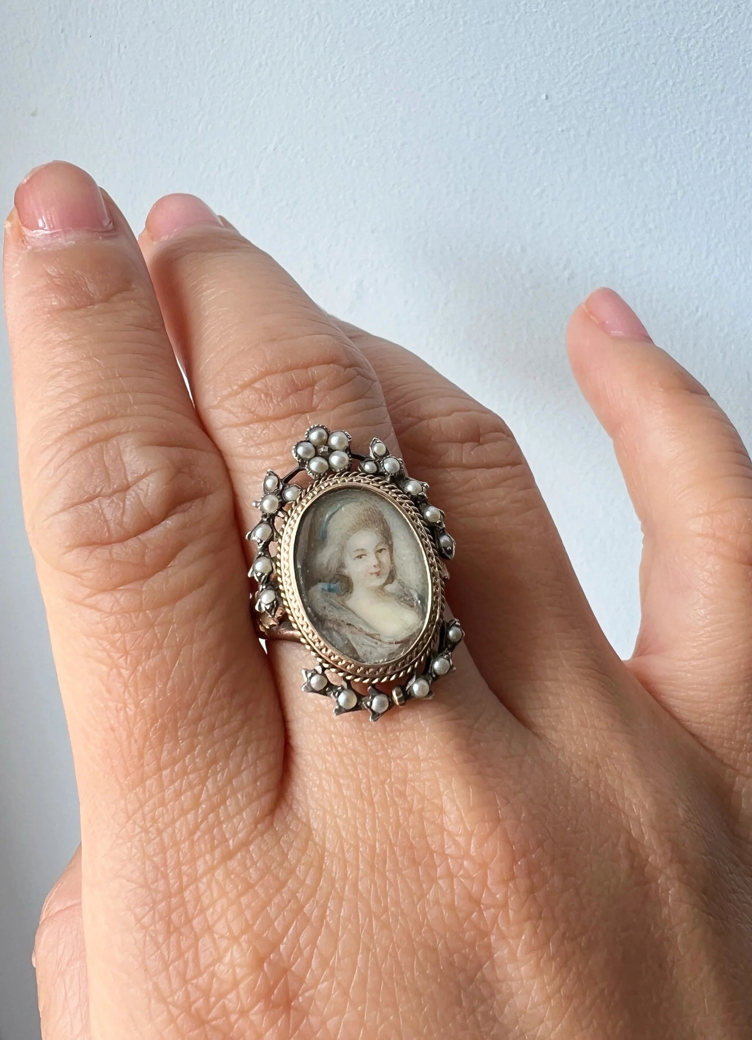 Victorian 18K Rose Gold & Silver Miniature Portrait Ring with Seed Pearls