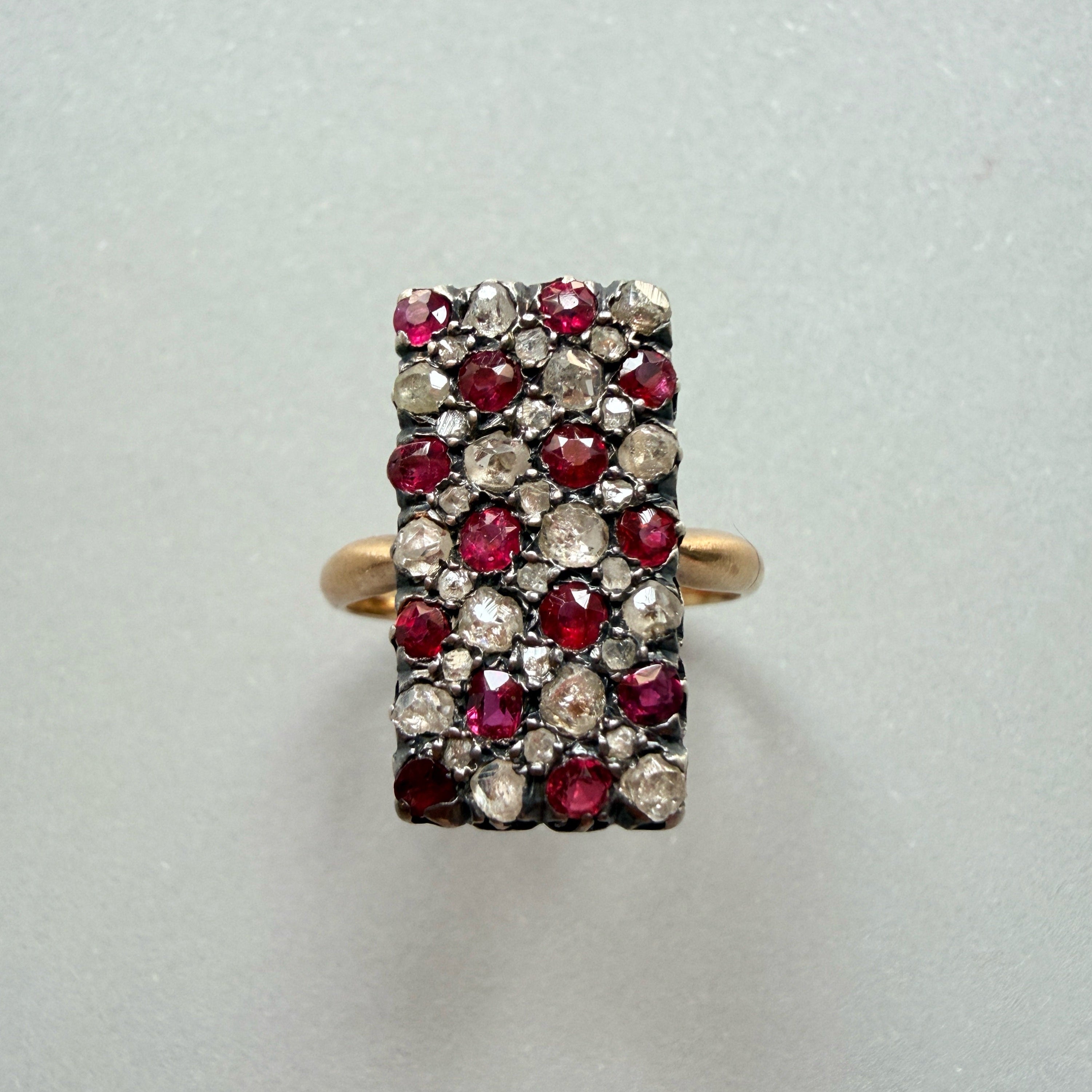 Victorian era 18K gold ruby diamond checkerboard ring