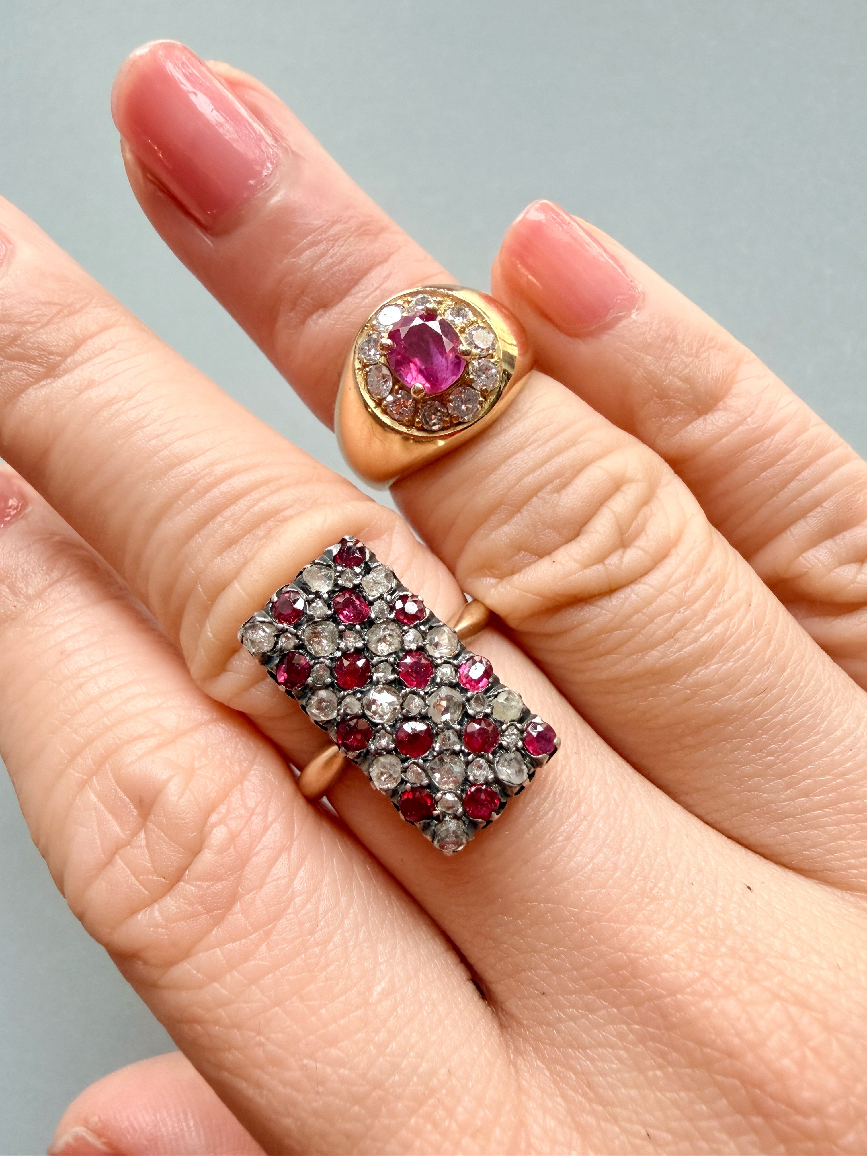 Victorian era 18K gold ruby diamond checkerboard ring