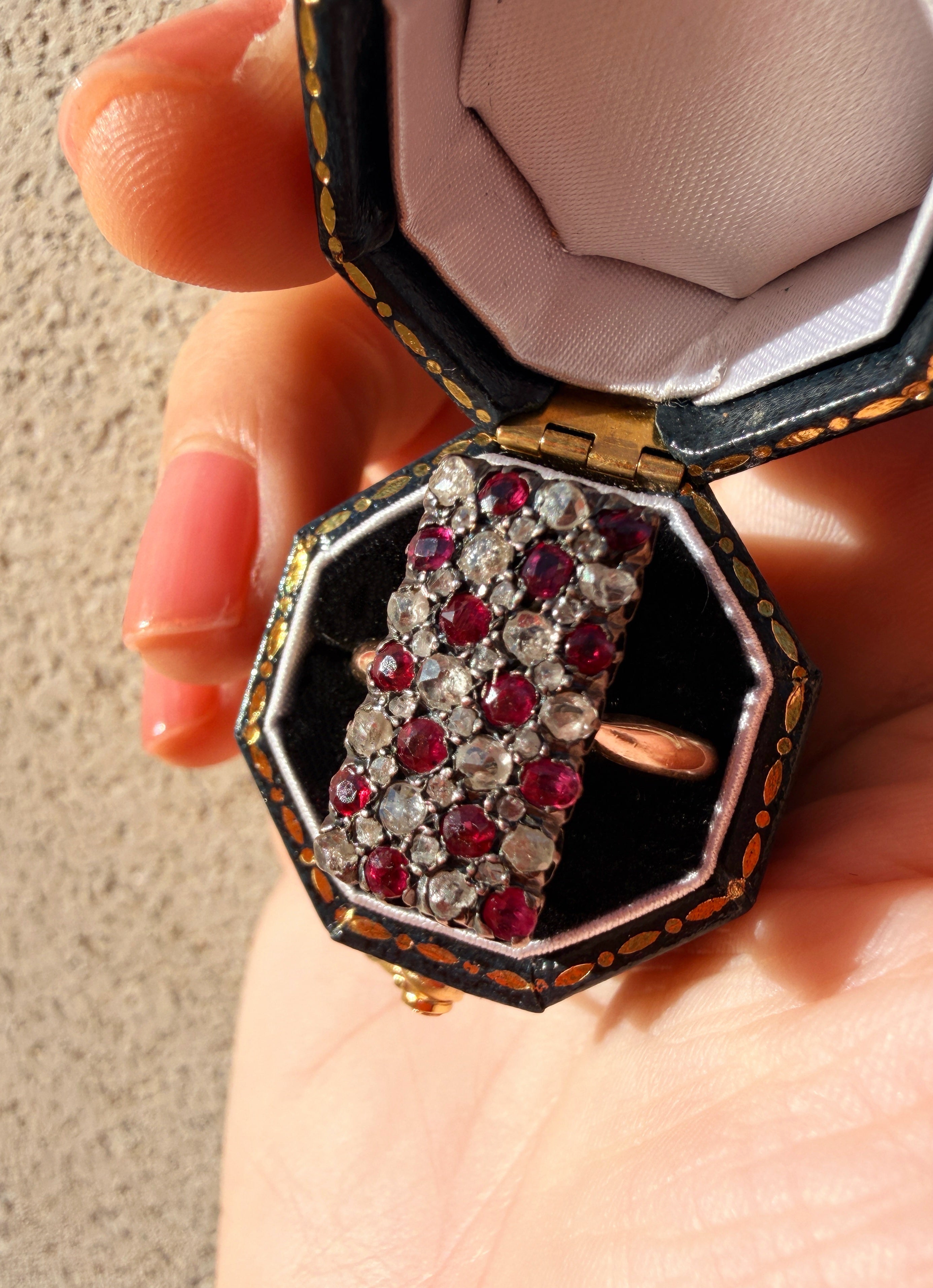 Victorian era 18K gold ruby diamond checkerboard ring