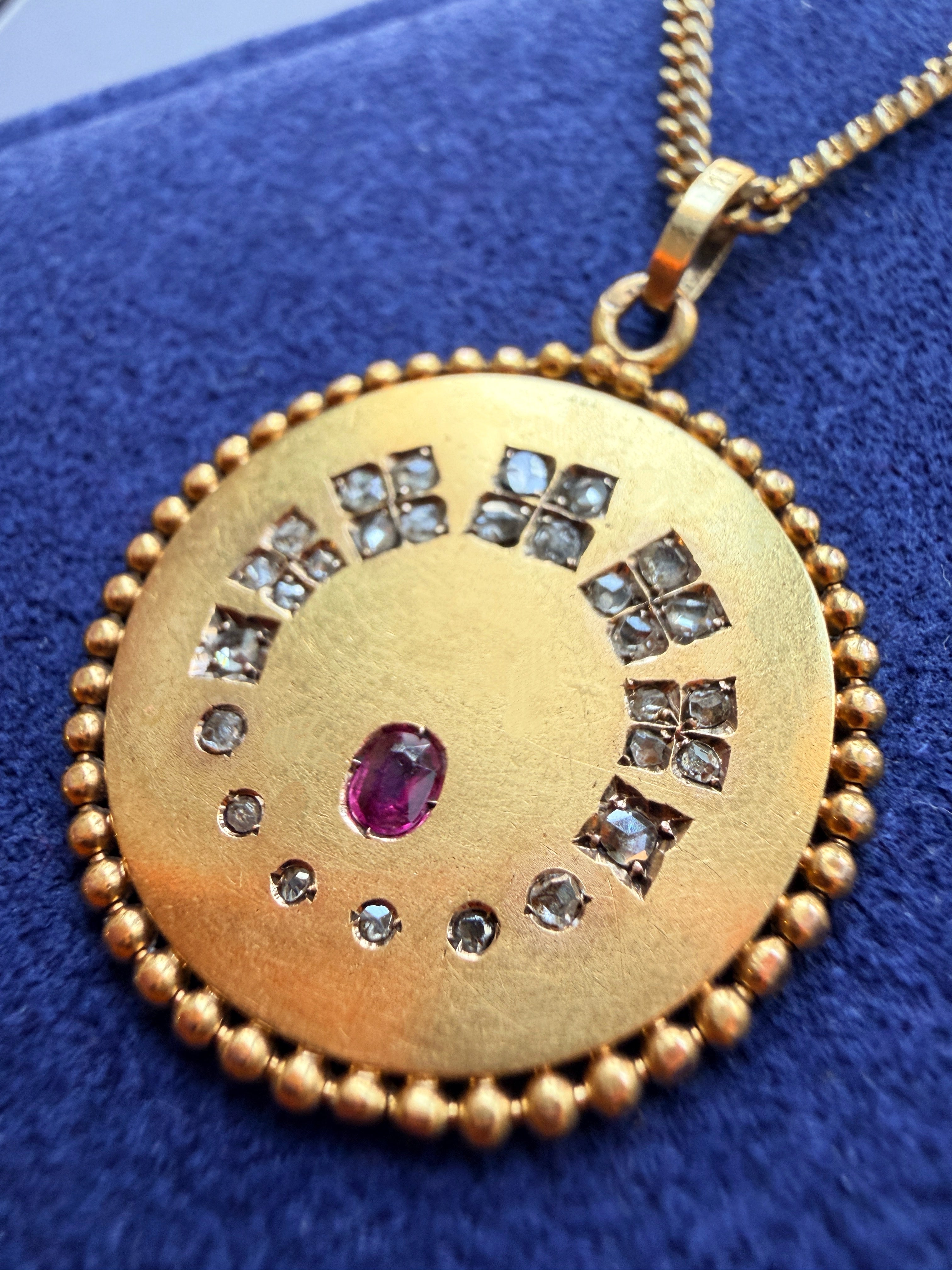 Antique 18K gold diamond ruby pendant