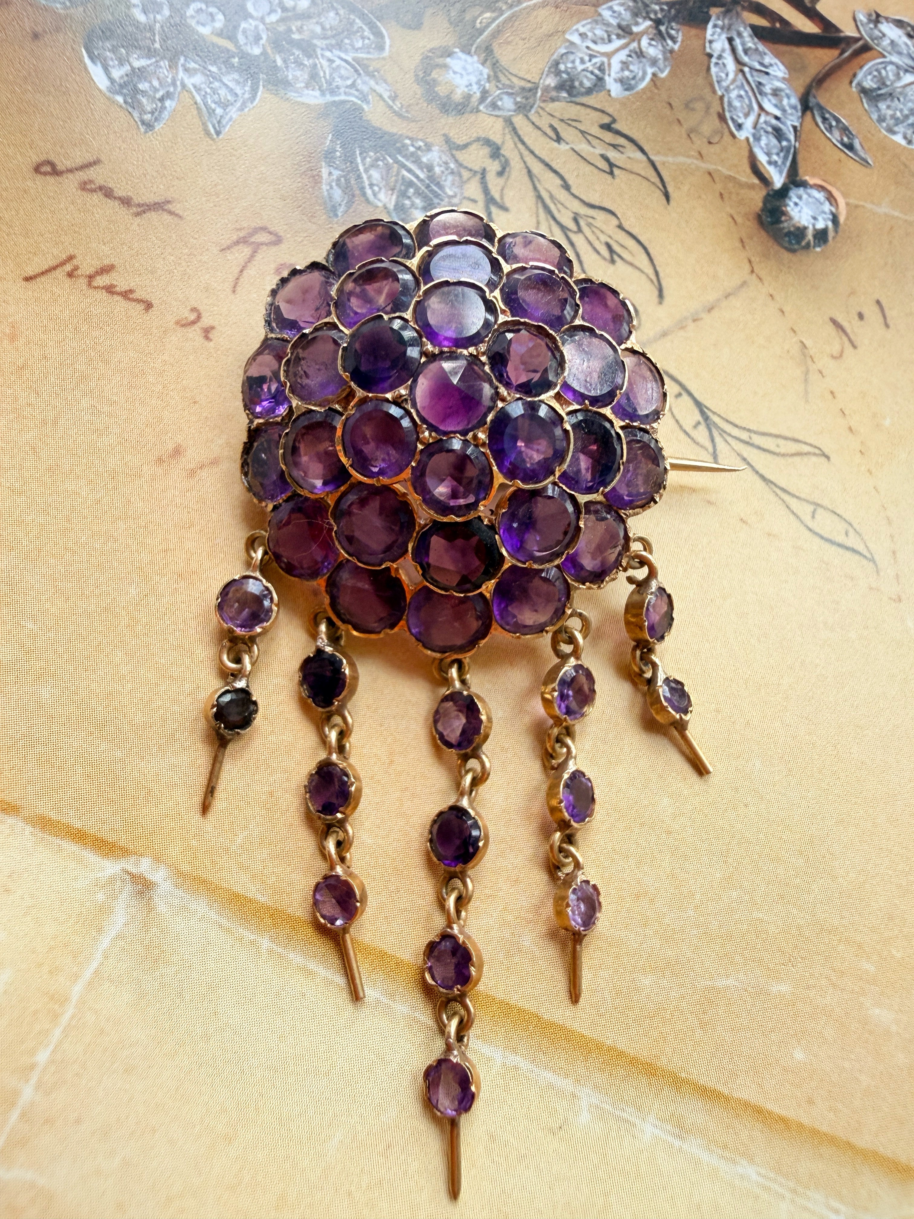 Victorian era 18K gold amethyst brooch earrings set